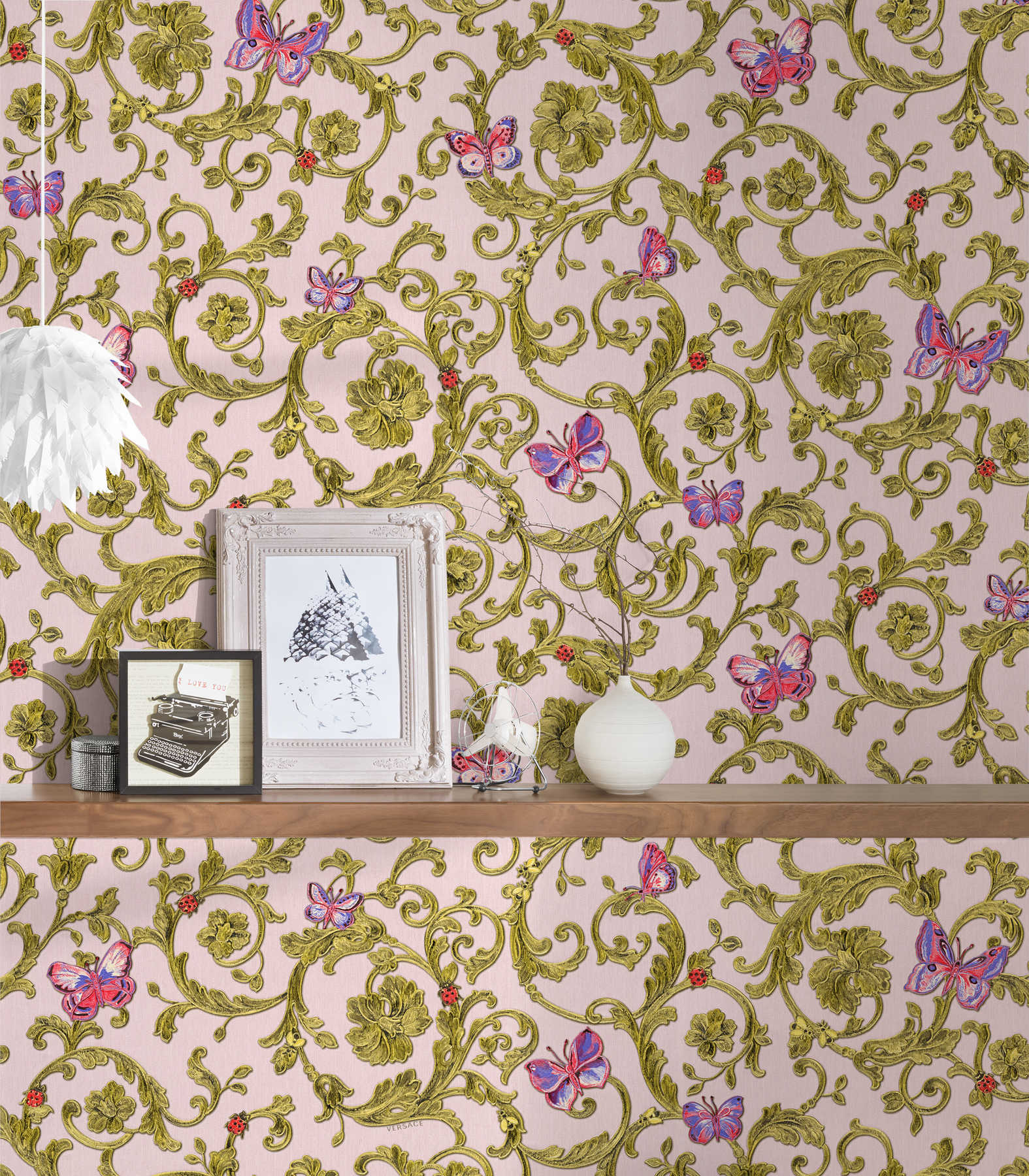            VERSACE wallpaper ornaments, flowers & butterflies - metallic, pink
        