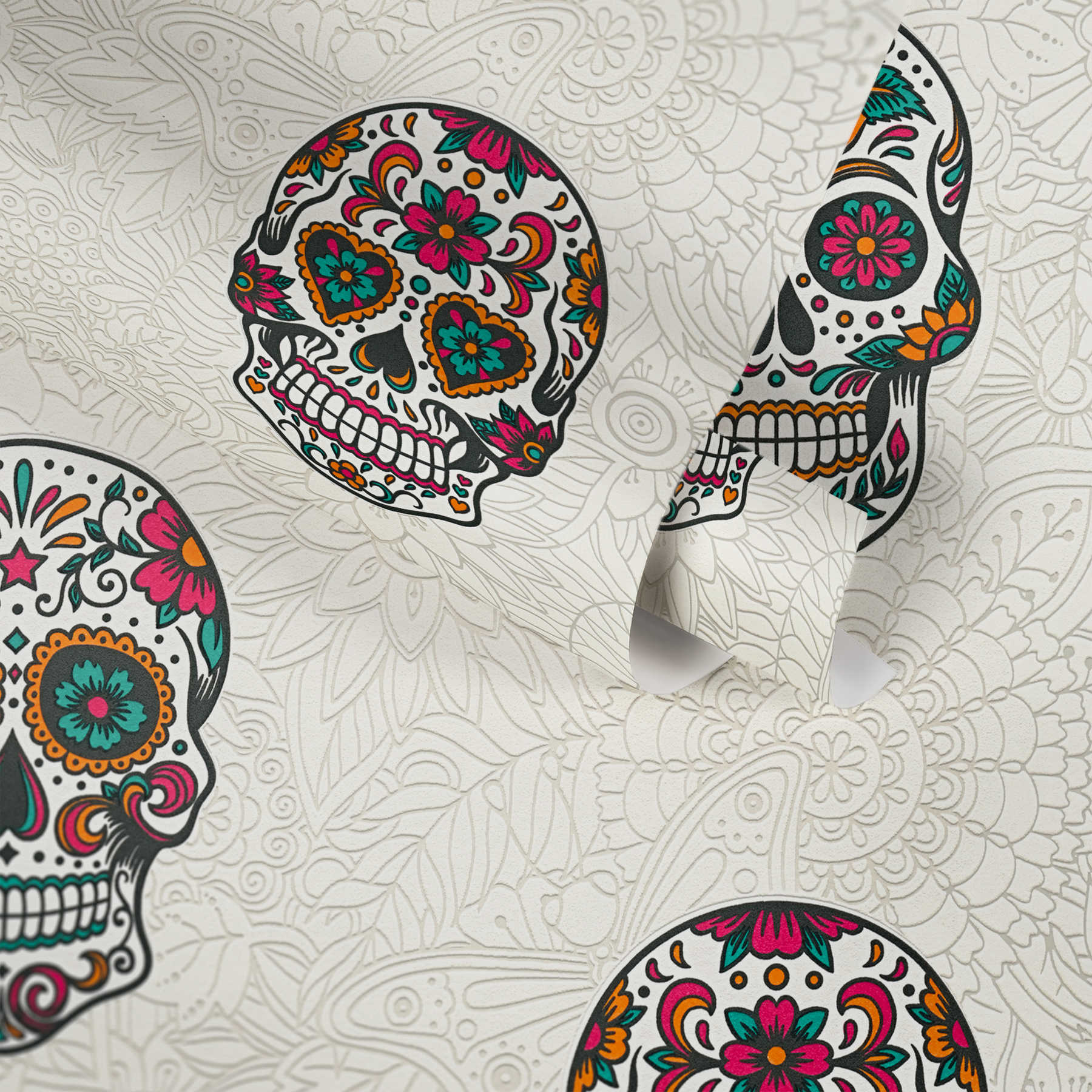             Non-woven wallpaper skull & flower design for youth room - colourful, black
        