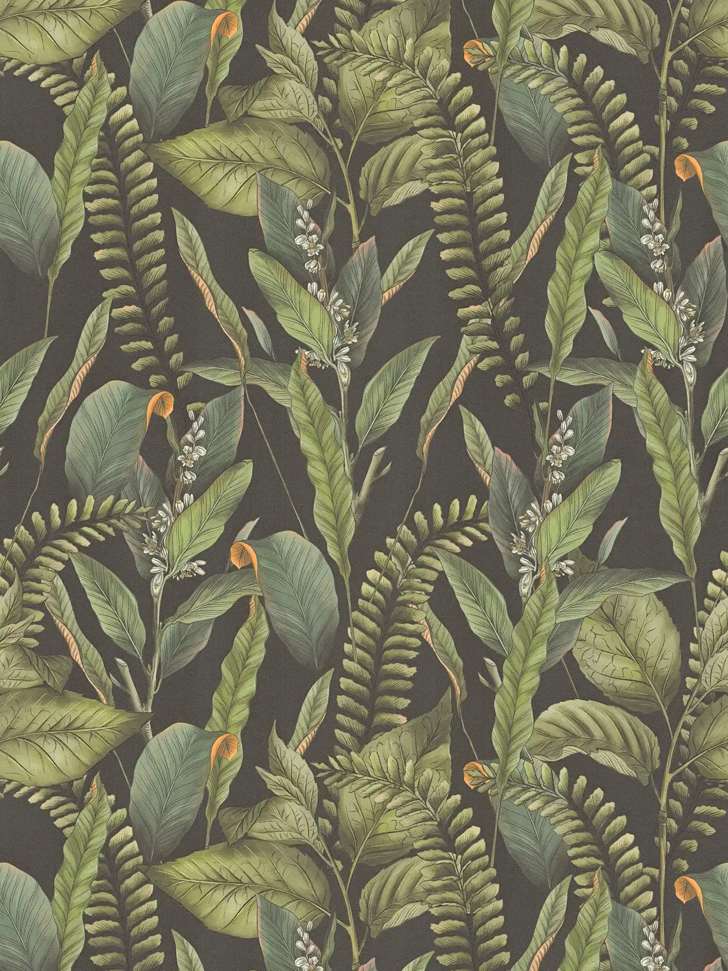 Floral style jungle wallpaper with leaves & flowers textured matt - black, green, orange
