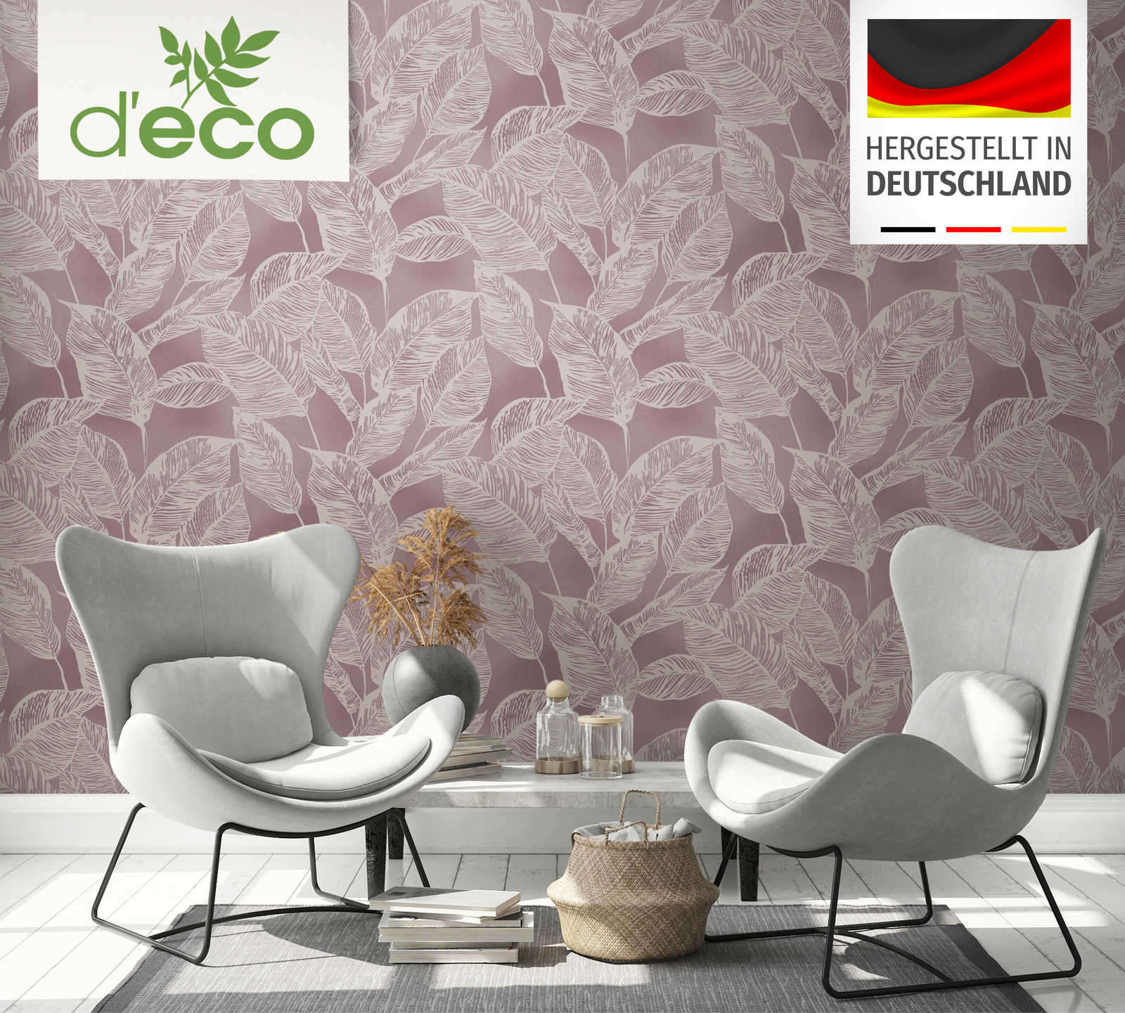             PVC-free non-woven wallpaper with leaf motif - pink, cream
        