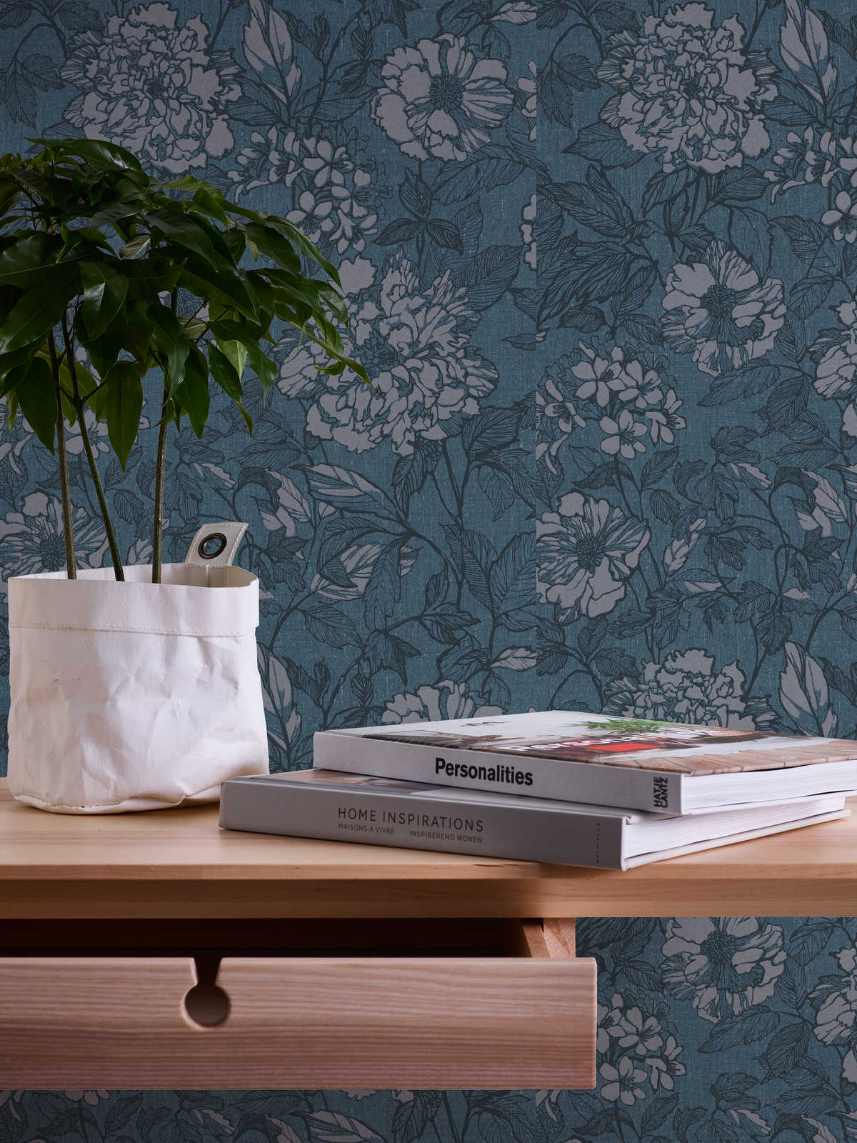            Textile-look wallpaper petrol with floral pattern - blue, grey
        