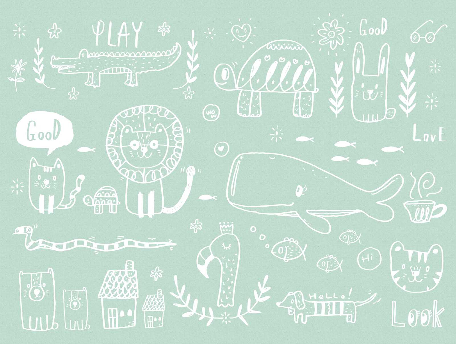             Wallpaper novelty - Nursery motif wallpaper doodle animals, mint green
        