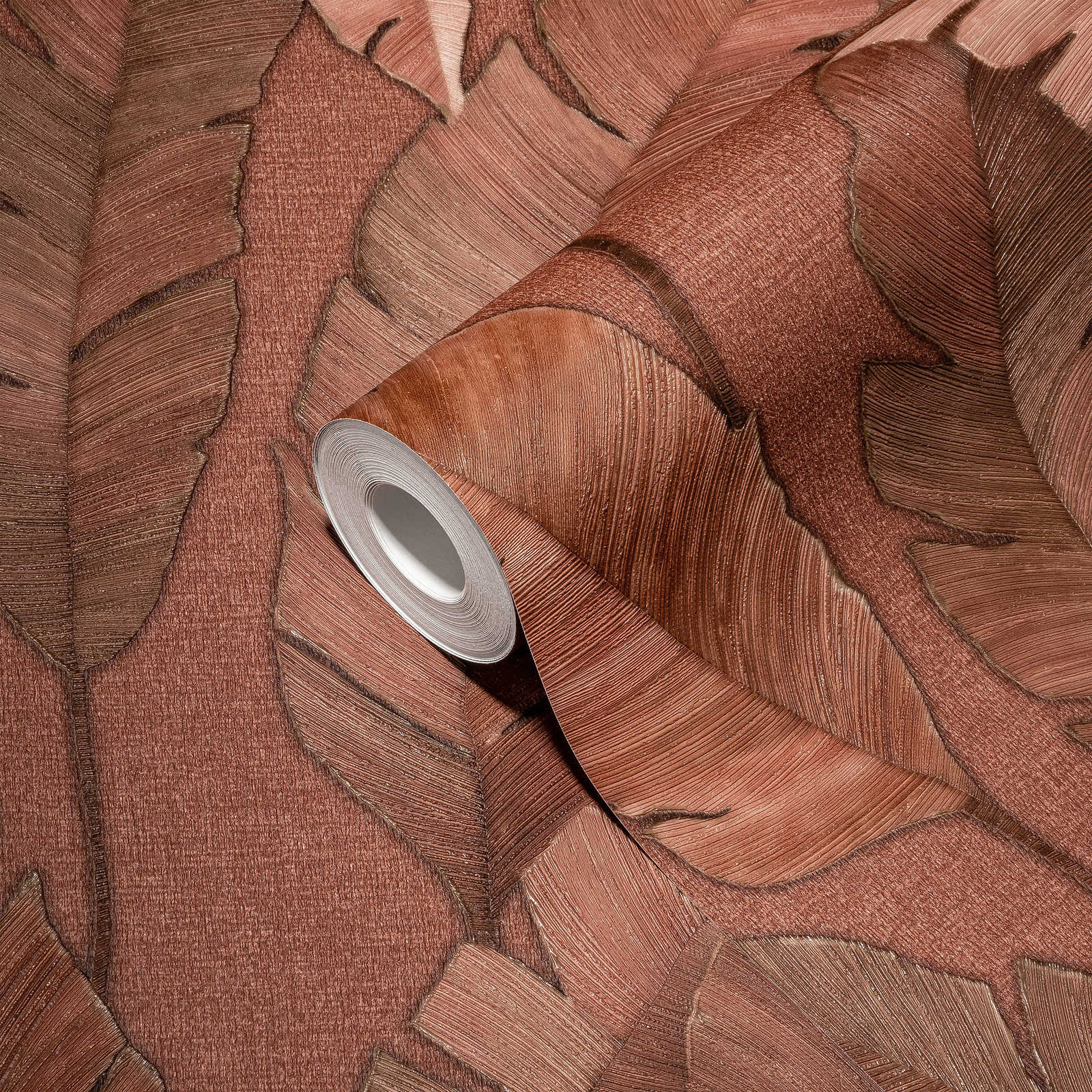             Papel pintado no tejido tropical con grandes hojas de palmera - marrón rojizo
        