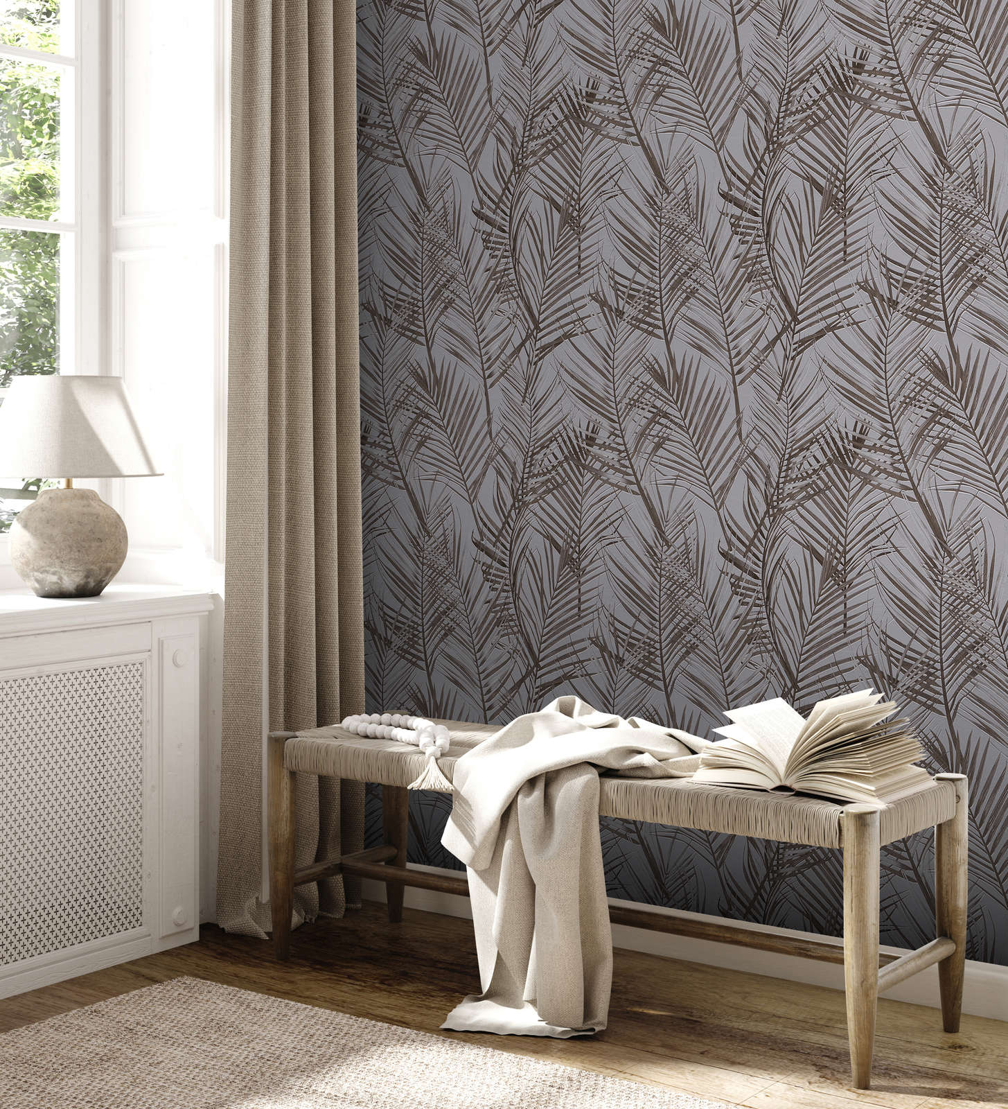             Floral wallpaper with palm pattern in matt - grey, brown
        