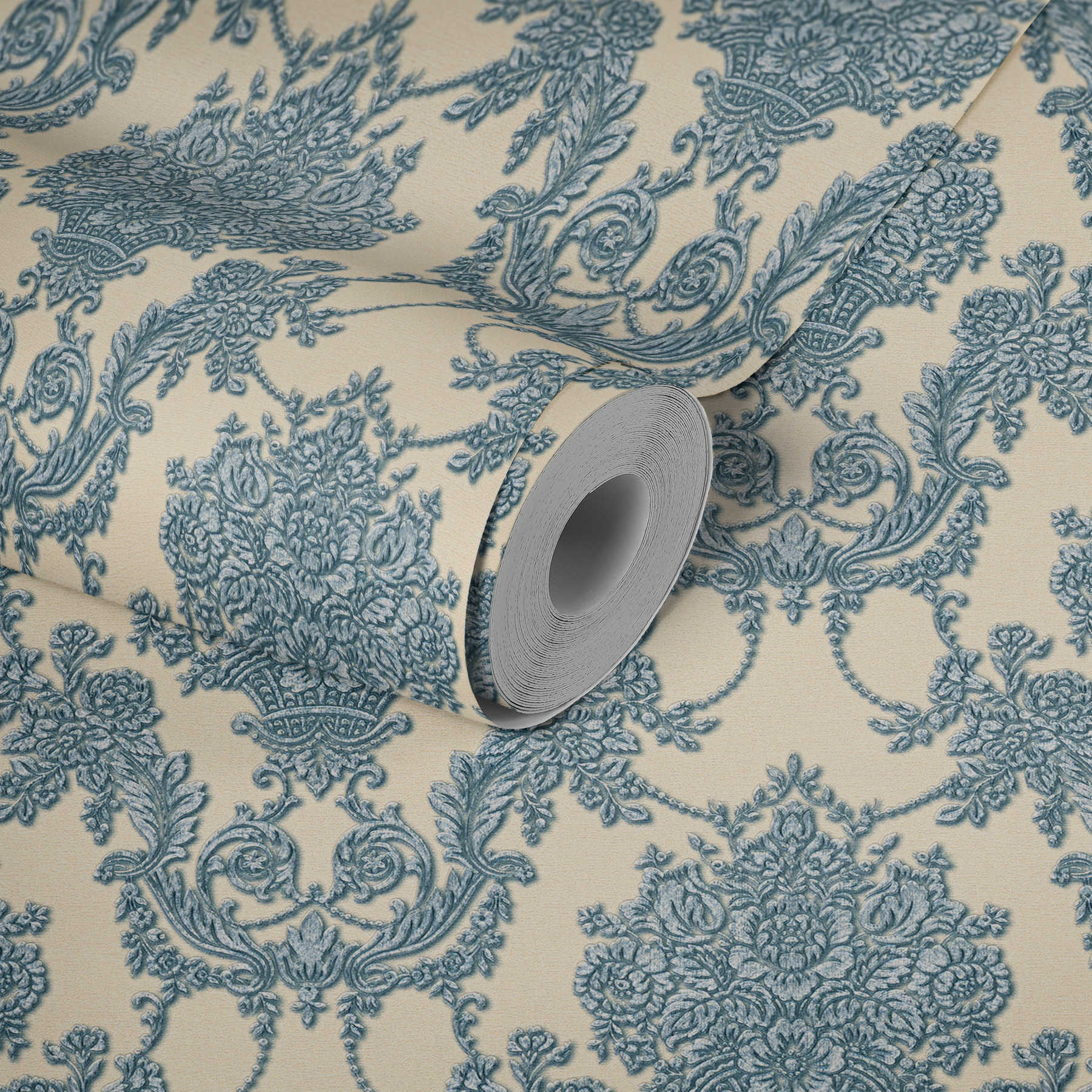             Ornamental wallpaper floral with metallic accent - beige, blue
        
