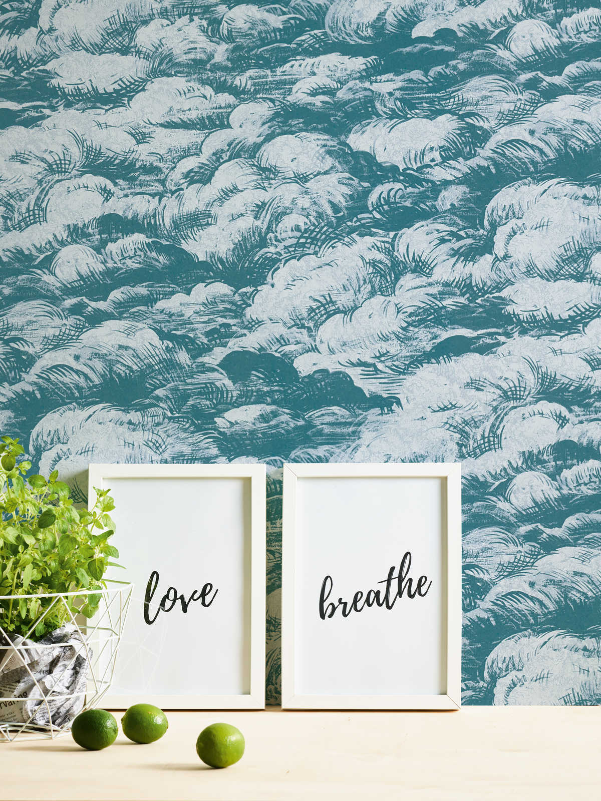             Wallpaper blue green clouds landscape in vintage style - blue, white
        