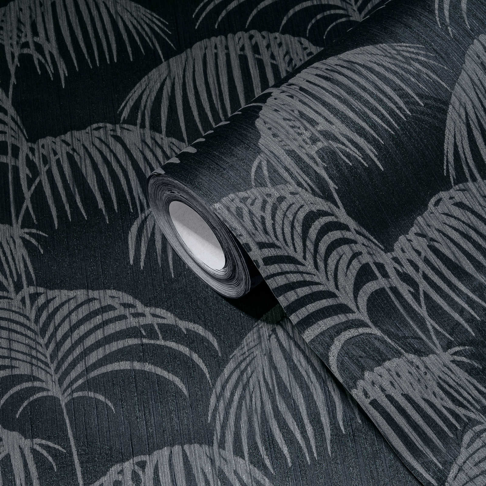             Carta da parati foglie di palma motivo natura con effetto profondità - grigio, nero
        