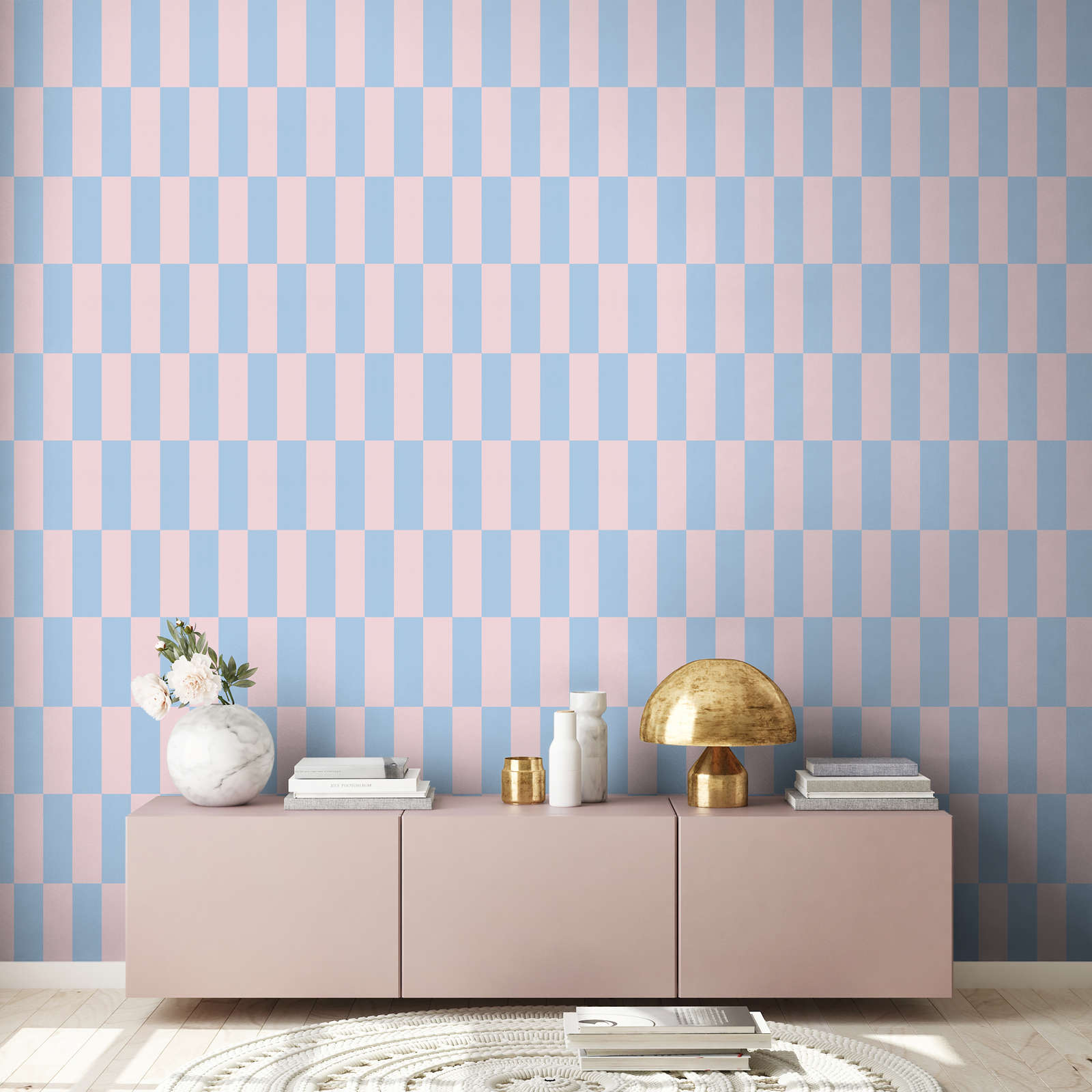             Non-woven wallpaper graphic squares two-tone - blue, pink
        