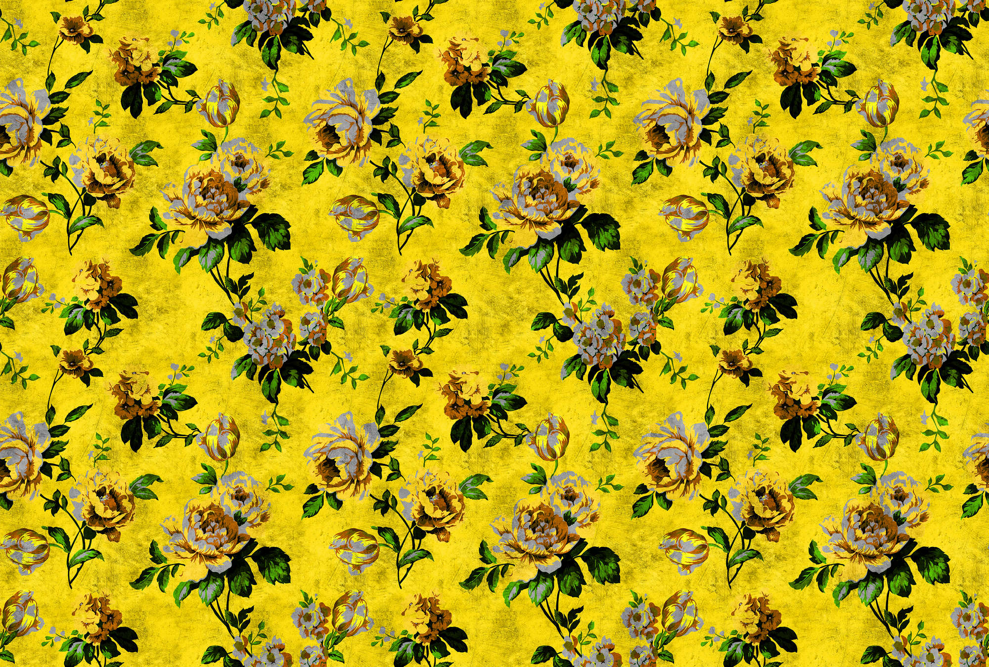             Wild roses 5 - Papier peint panoramique roses à structure rayée rétro, jaune - jaune, vert | À structure intissé
        