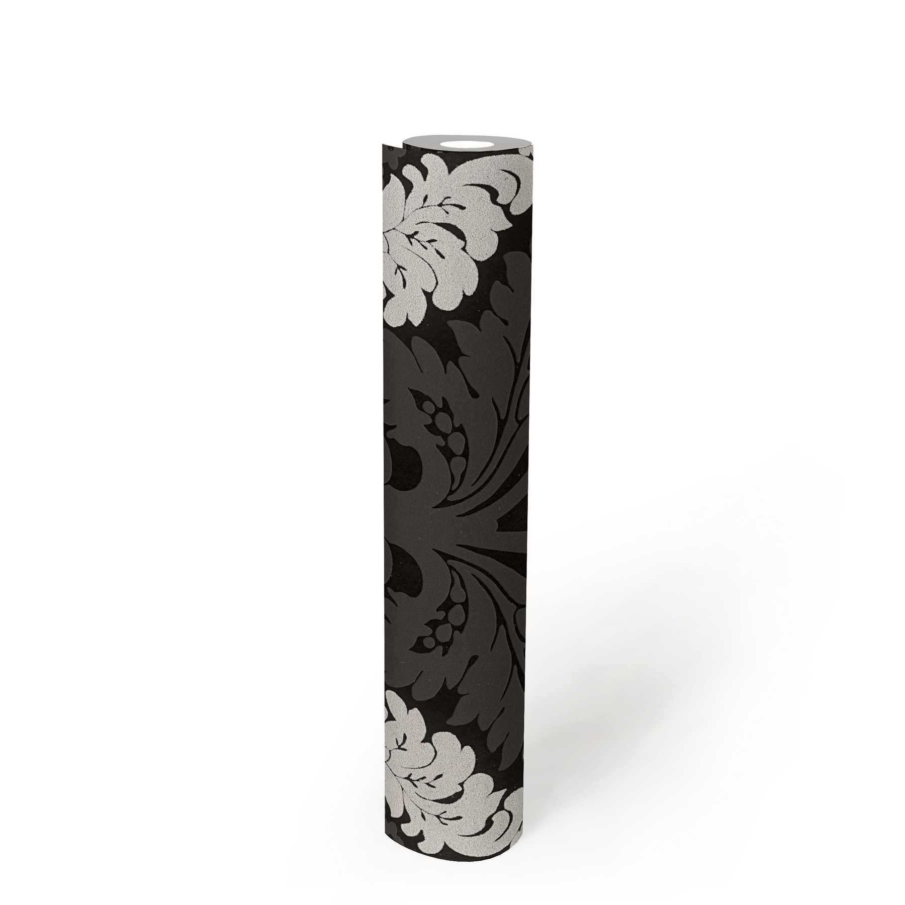             Papier peint ornemental Effet scintillant & effet 3D - noir, argent, blanc
        