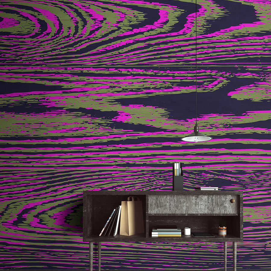 Kontiki 2 - Papier peint panoramique veines de bois néon, rose & noir

