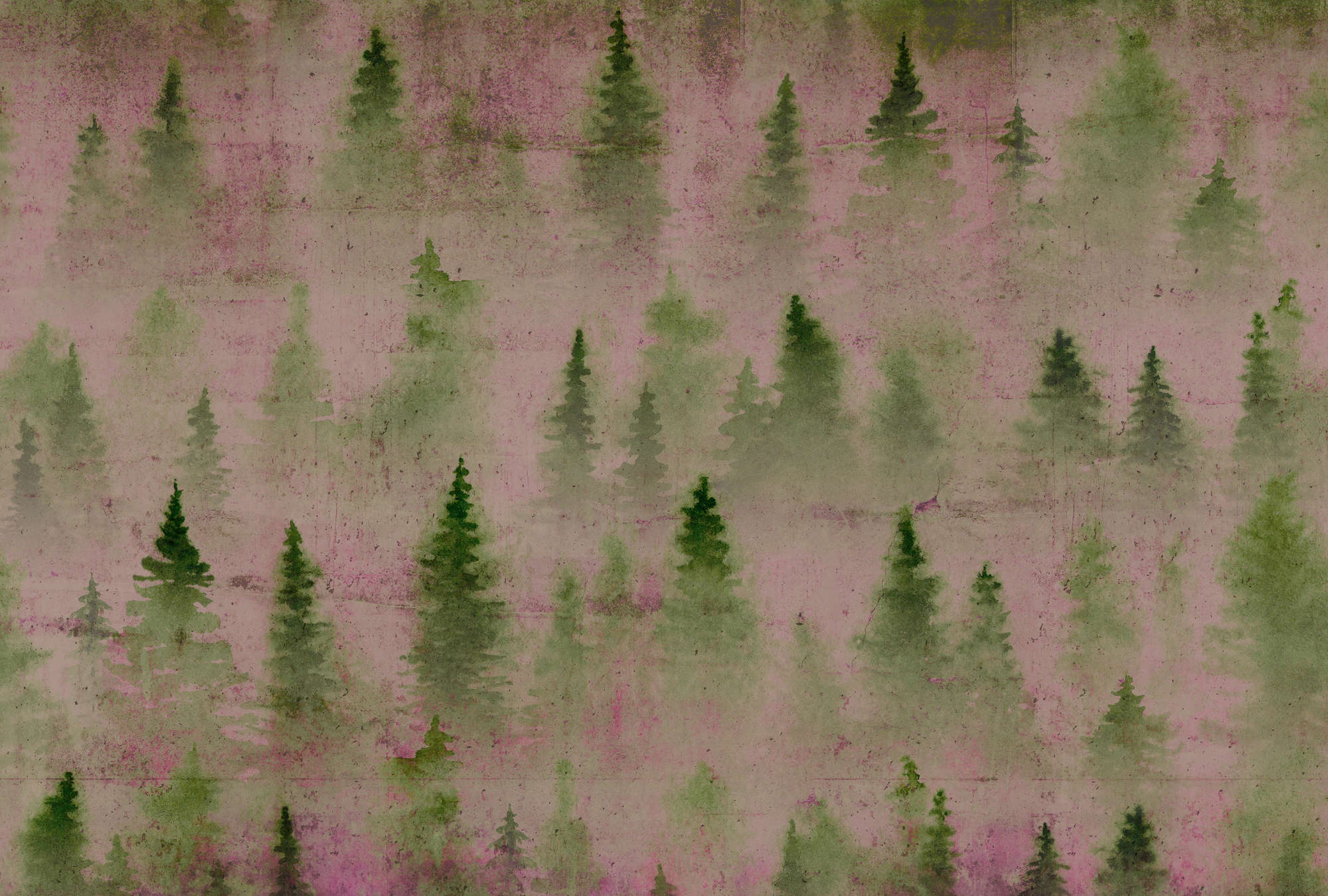             Papier peint panoramique Béton avec forêt Modive & Used-Look - Vert, Violet, Rose
        