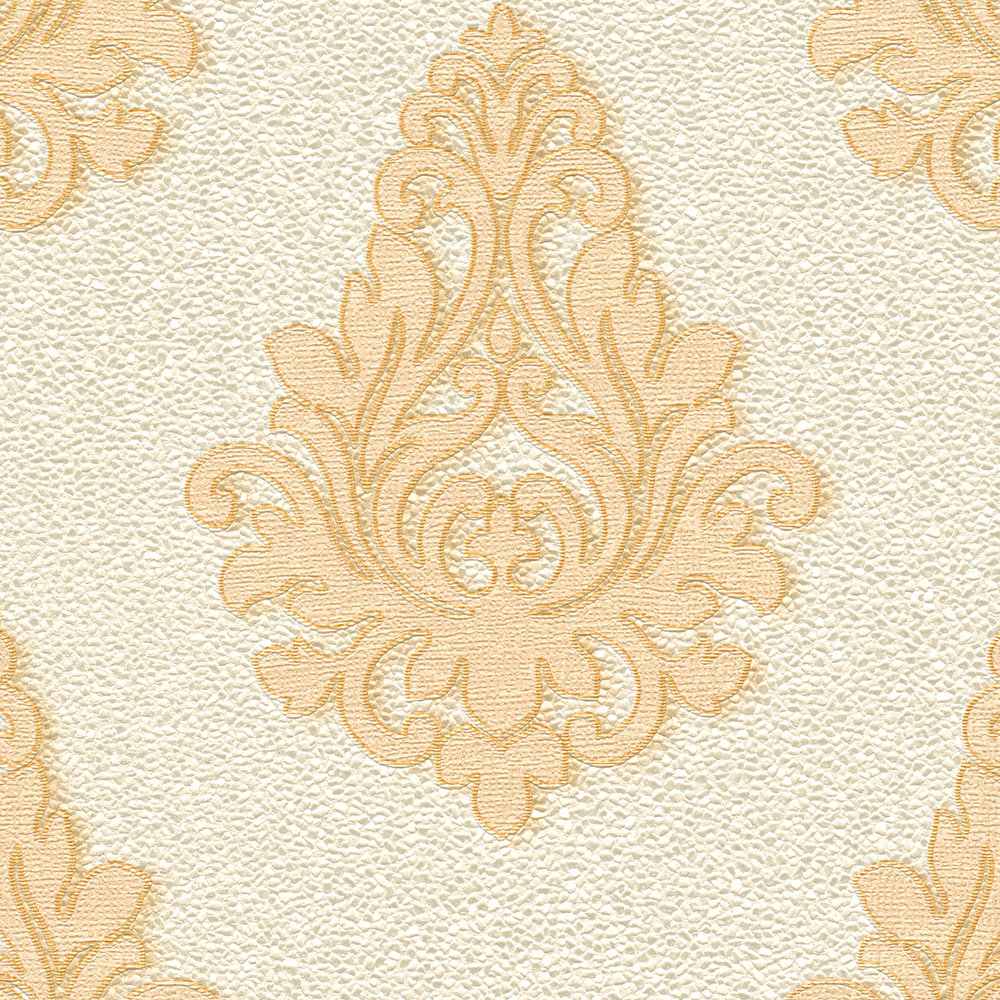             Ornament wallpaper textured with metallic effect - cream, gold, white
        