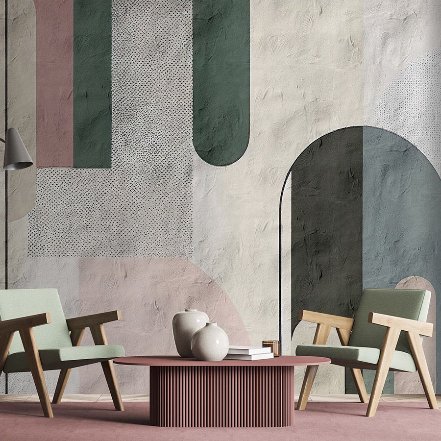 Photo wallpaper »bogeta« - Graphic pattern with round arches - Used style with clay plaster texture | Matt, smooth non-woven fabric
