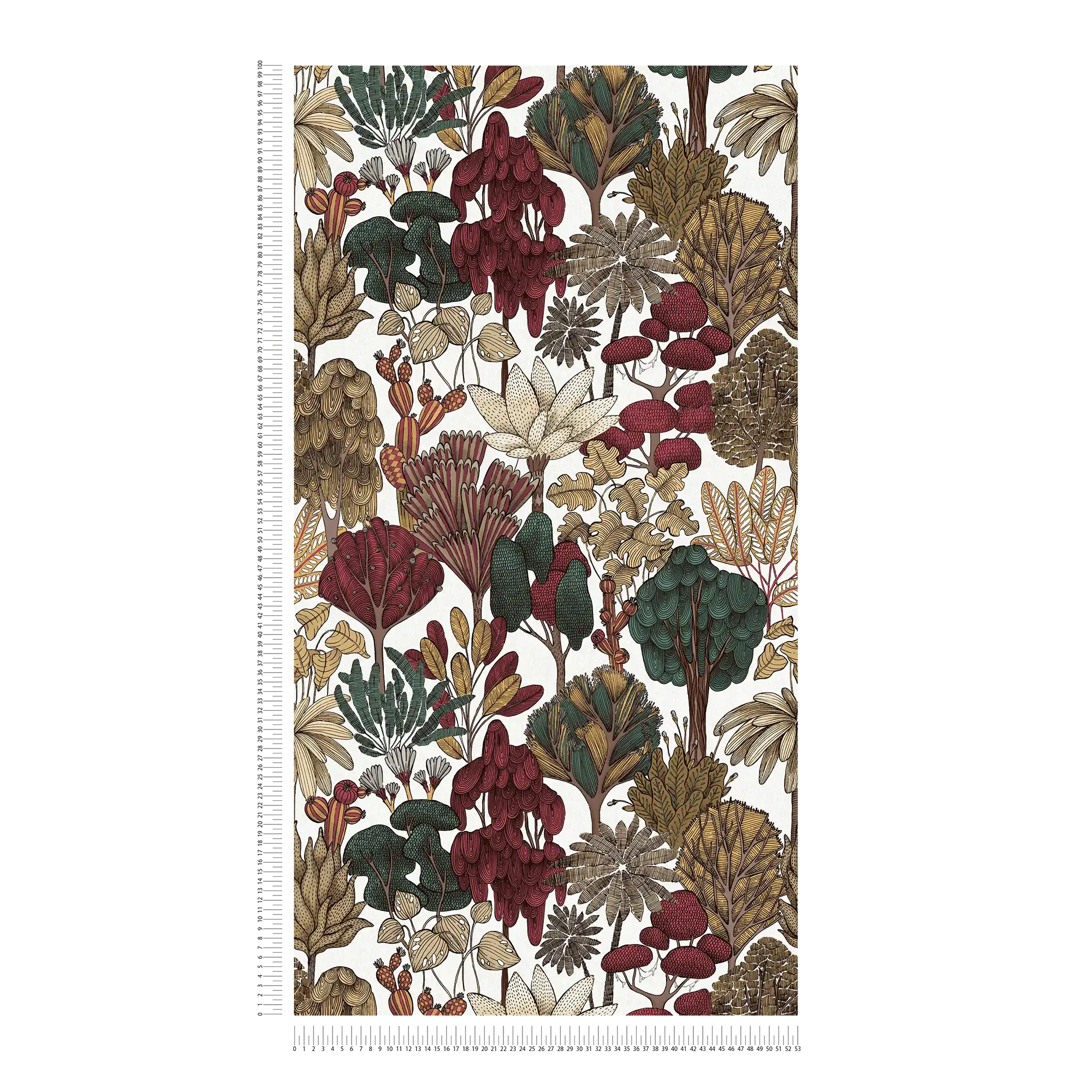             Papel pintado moderno floral con árboles en estilo dibujo - rojo, beige, marrón
        