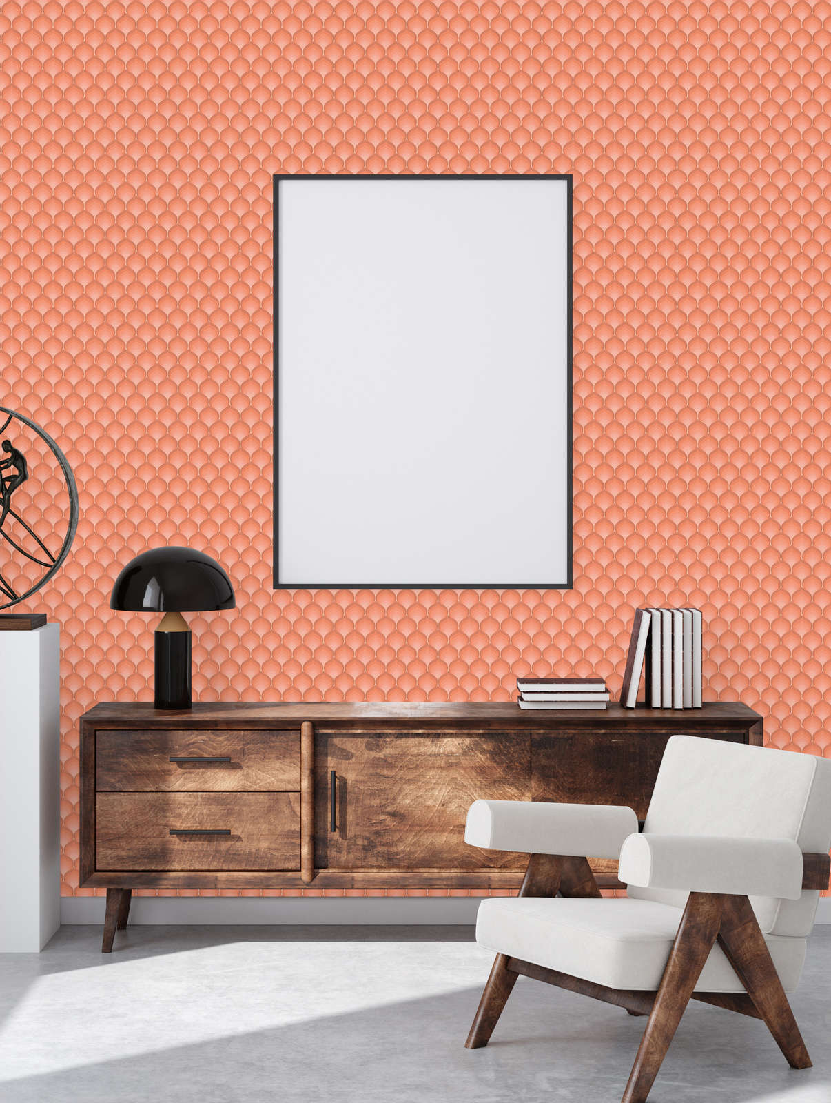            Retro non-woven wallpaper with scale pattern in warm colours - orange, red, pink
        