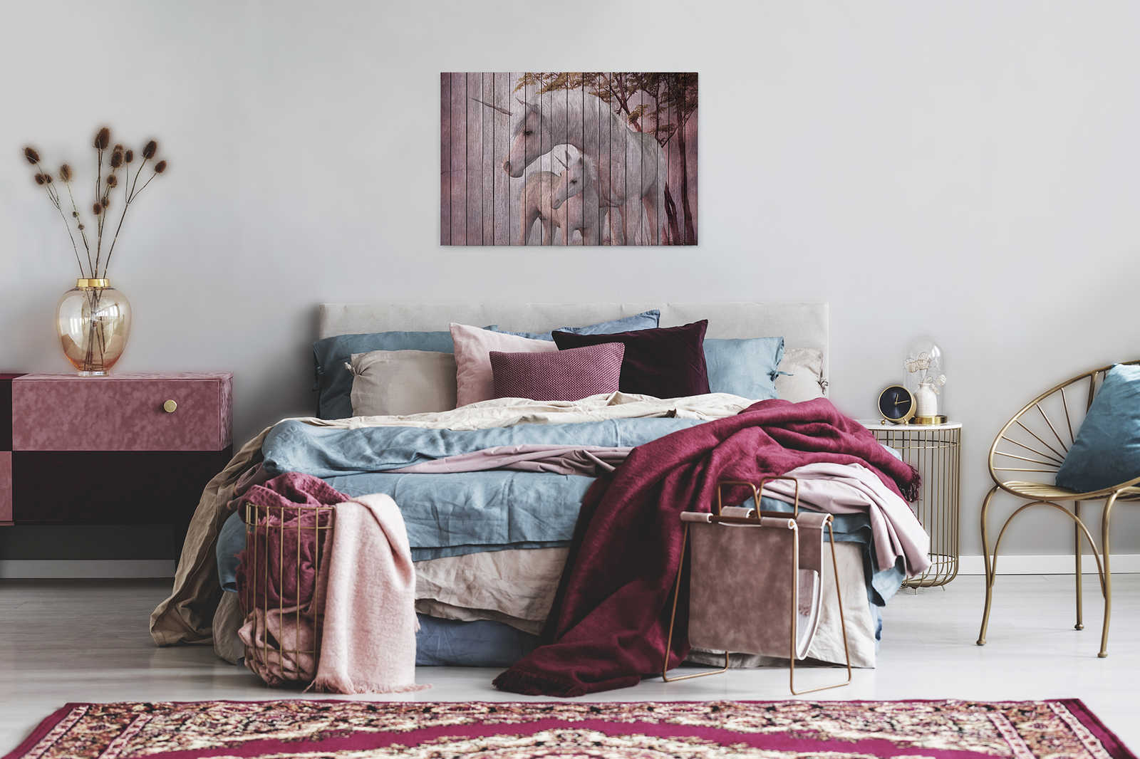            Fantasia 4 - Pittura su tela con effetto unicorno e legno - 0,90 m x 0,60 m
        