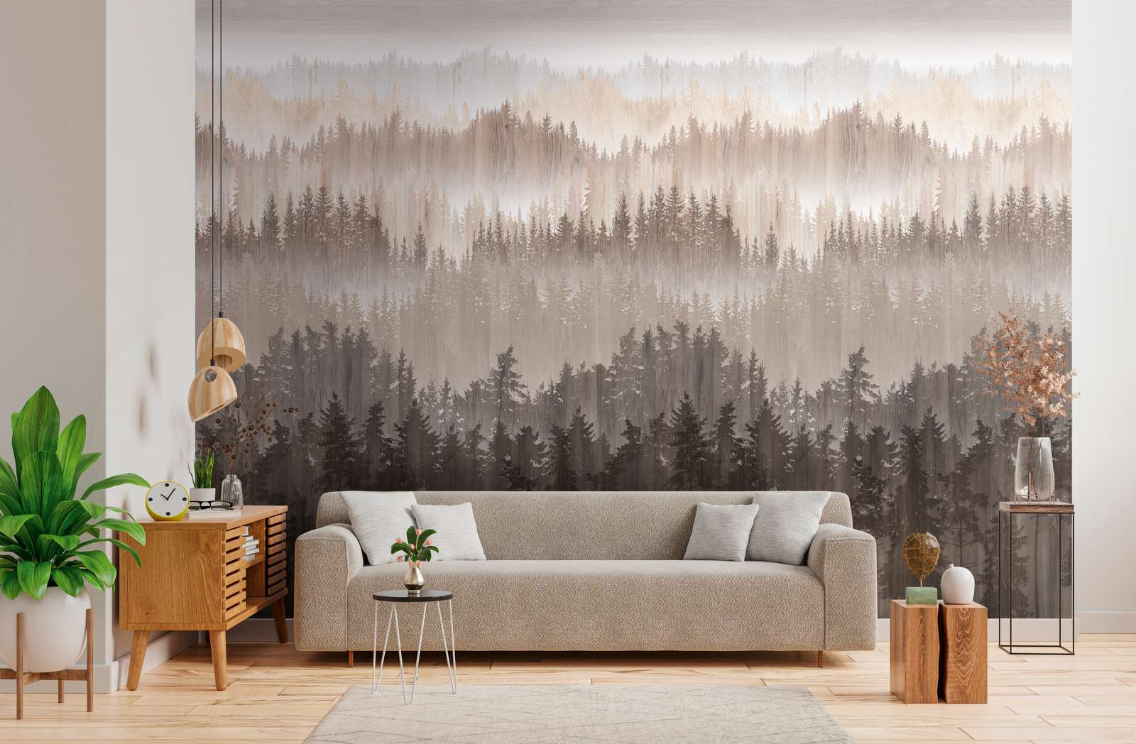             Non-woven wallpaper with suggested forest pattern - brown, beige, cream
        