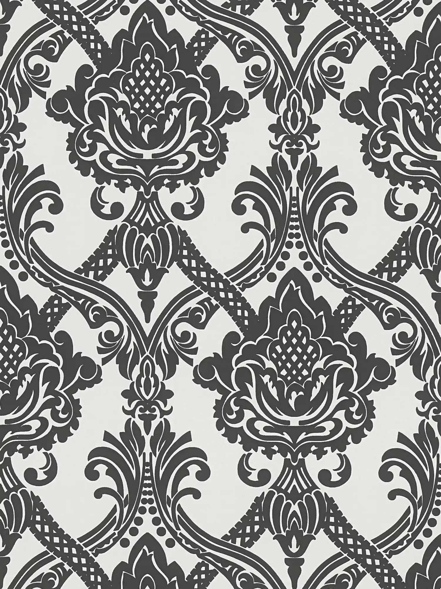 Metallic wallpaper baroque ornamental pattern in black and white
