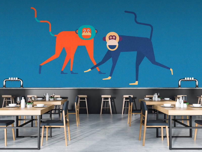             Monkey Busines 2 - Digital behang Apenbende in komische stijl - kartonnen structuur - Beige, Blauw | Pearl gladde vlieseline
        