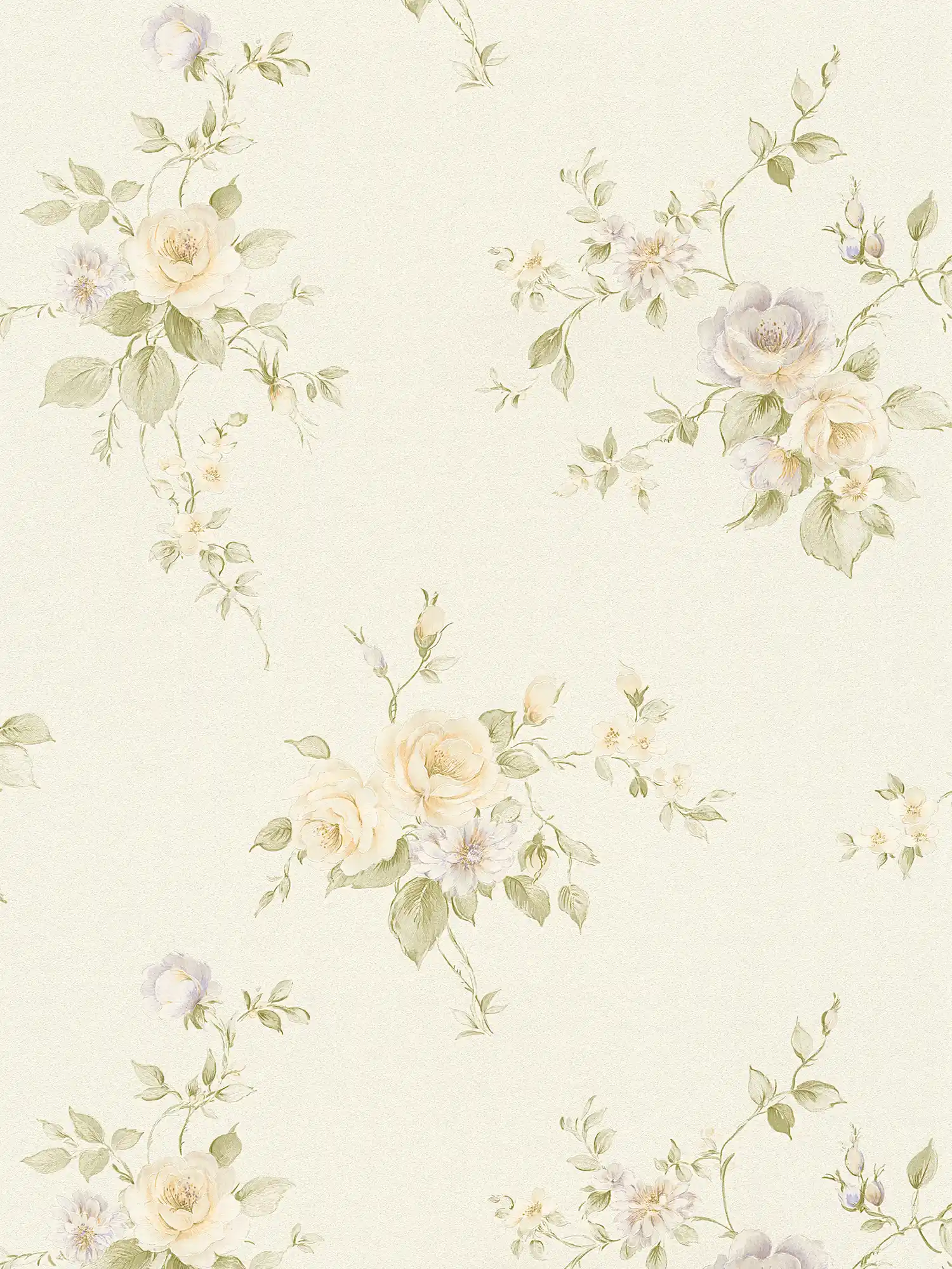Roses wallpaper with floral ornaments - cream, green, orange
