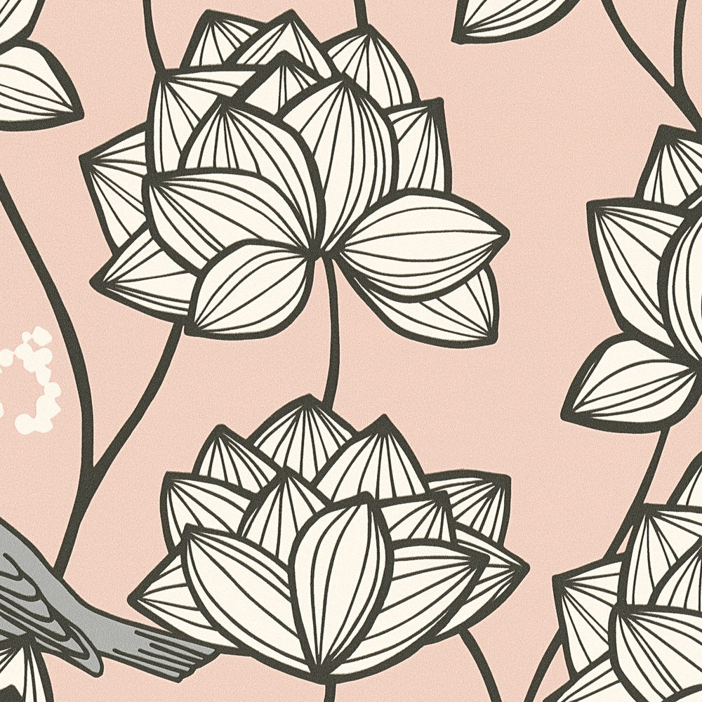             Papel pintado no tejido flores zarcillos con pájaros en estilo line art - gris, rosa
        