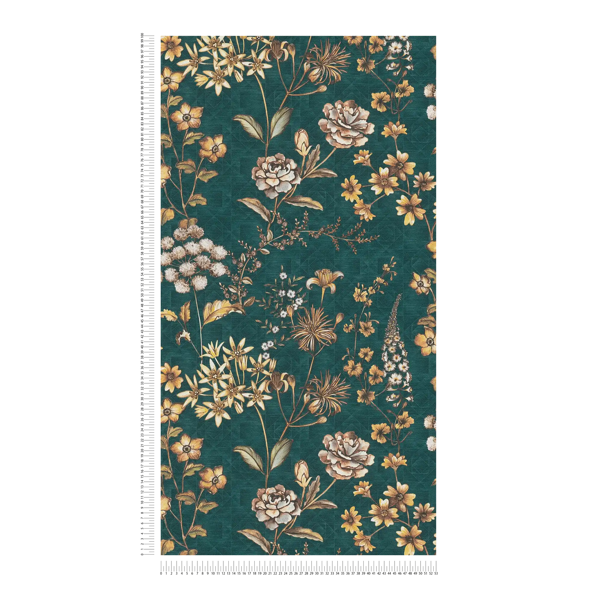             Floral non-woven wallpaper with floral pattern on graphic background - petrol, orange, yellow
        