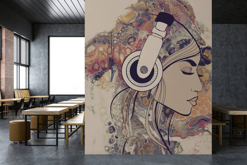             Photo wallpaper acrylic & line art woman figure with headphones
        