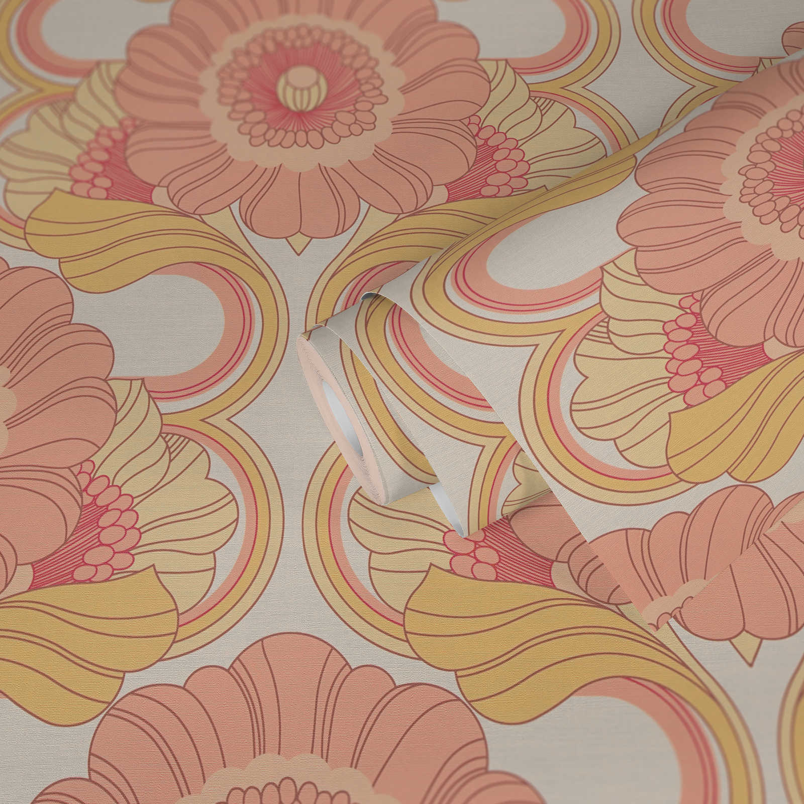             Floral retro wallpaper with light structure - yellow, pink, white
        