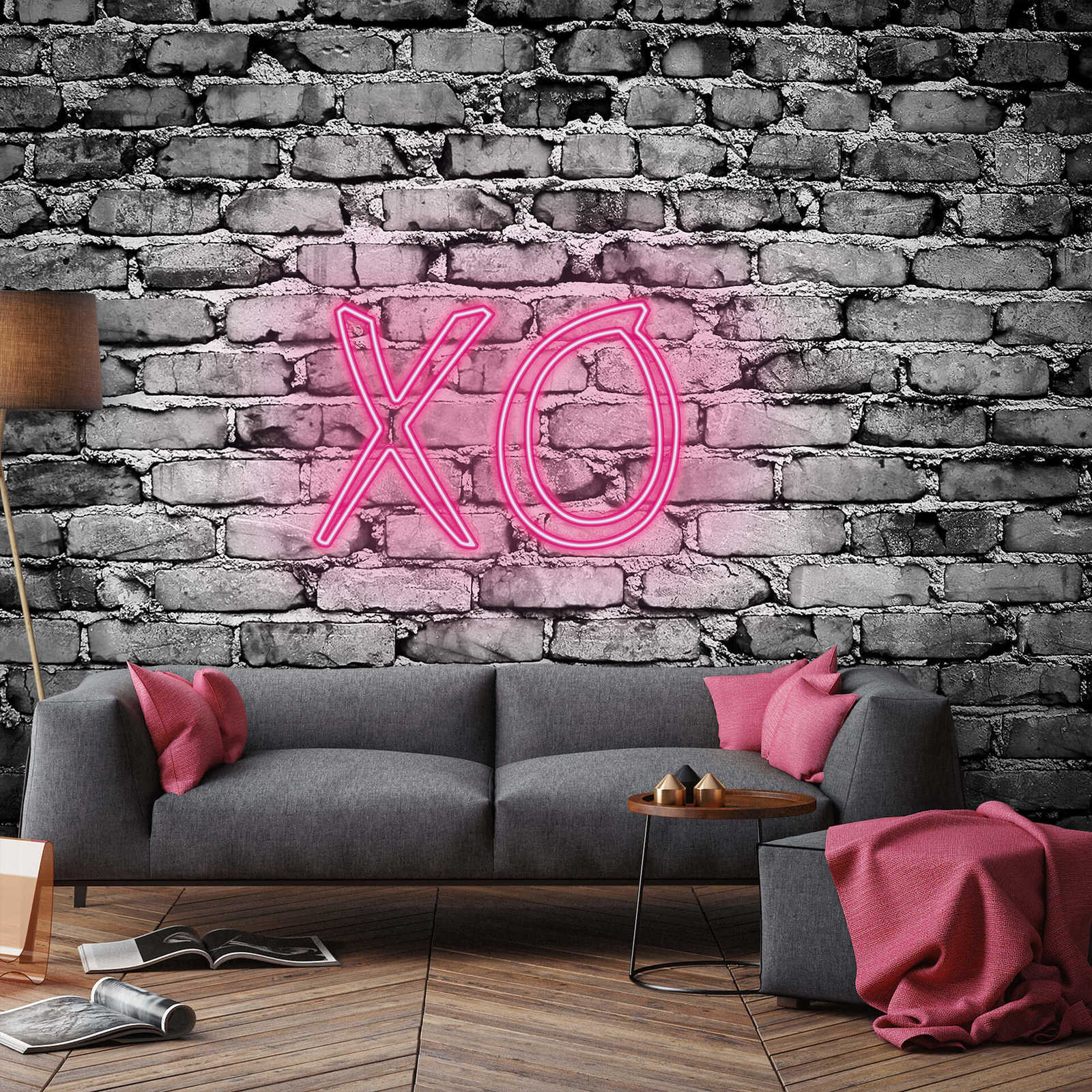             Photo wallpaper stone wall with illuminated letters XO
        