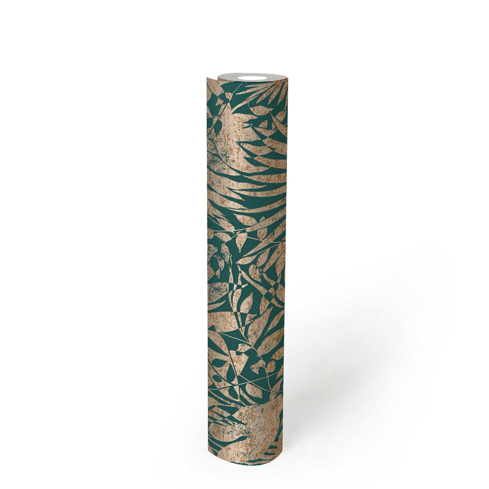             Papier peint vert motif feuilles avec effet texturé métallique
        