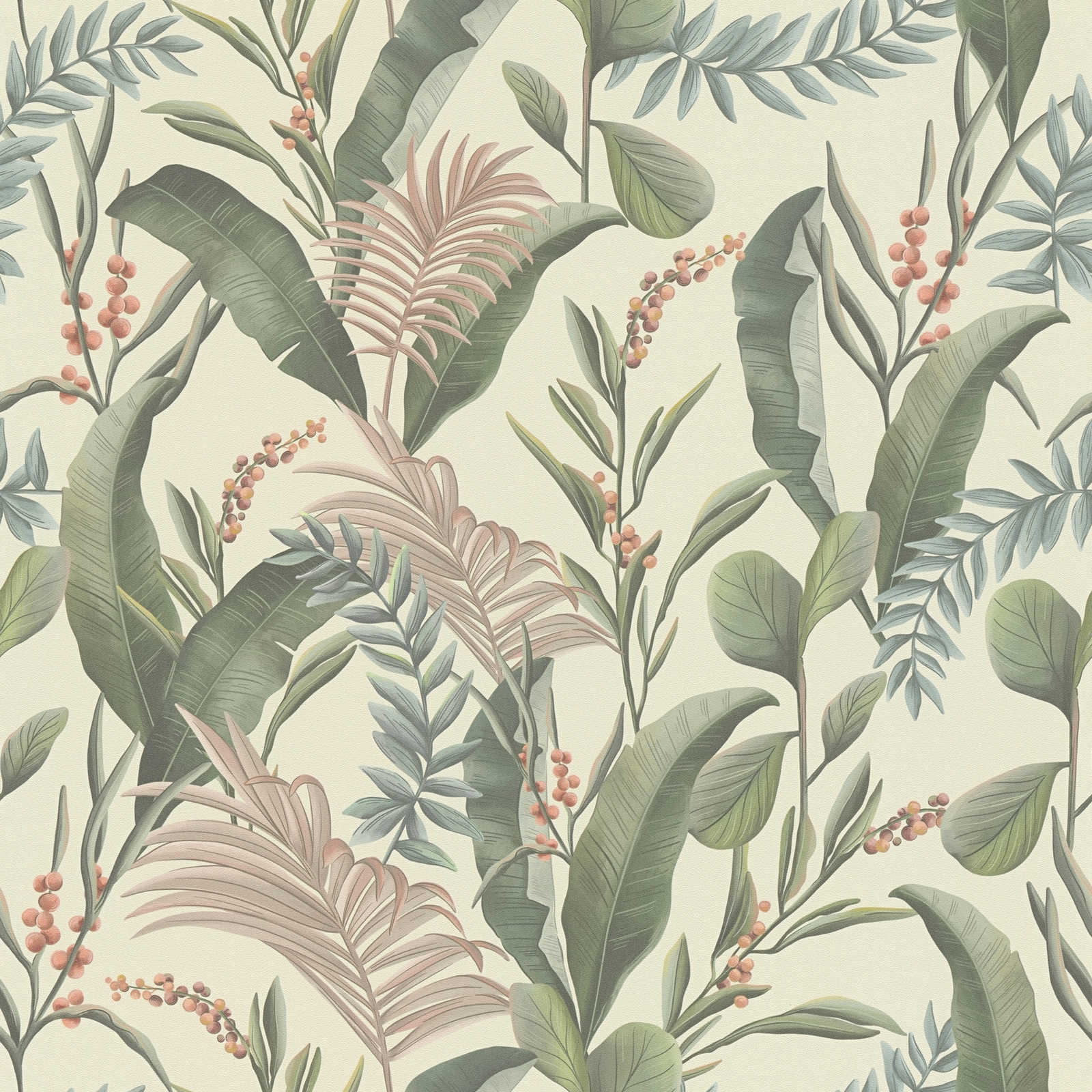 Floral wallpaper with leaves in jungle style textured matt - cream, green, beige
