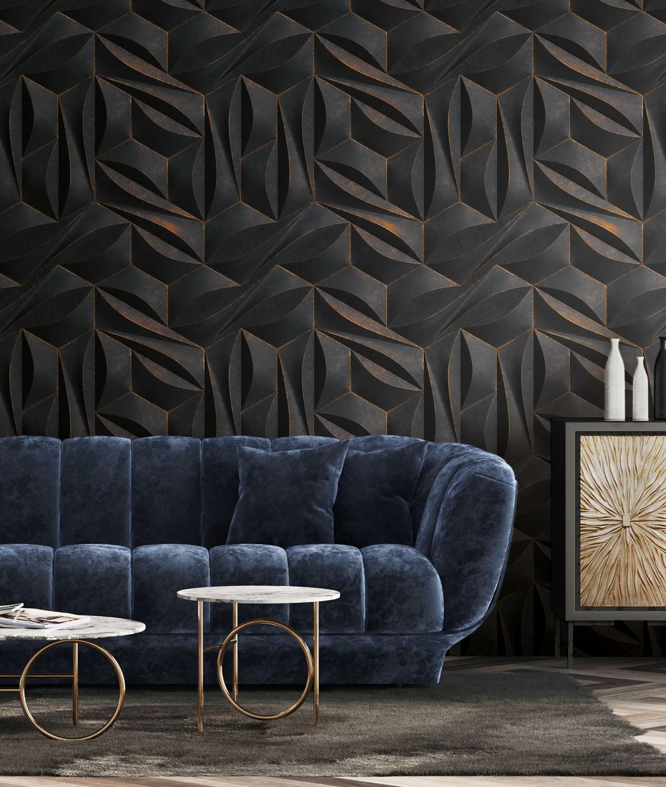             3D optics pattern wallpaper with metal look - anthracite, gold
        