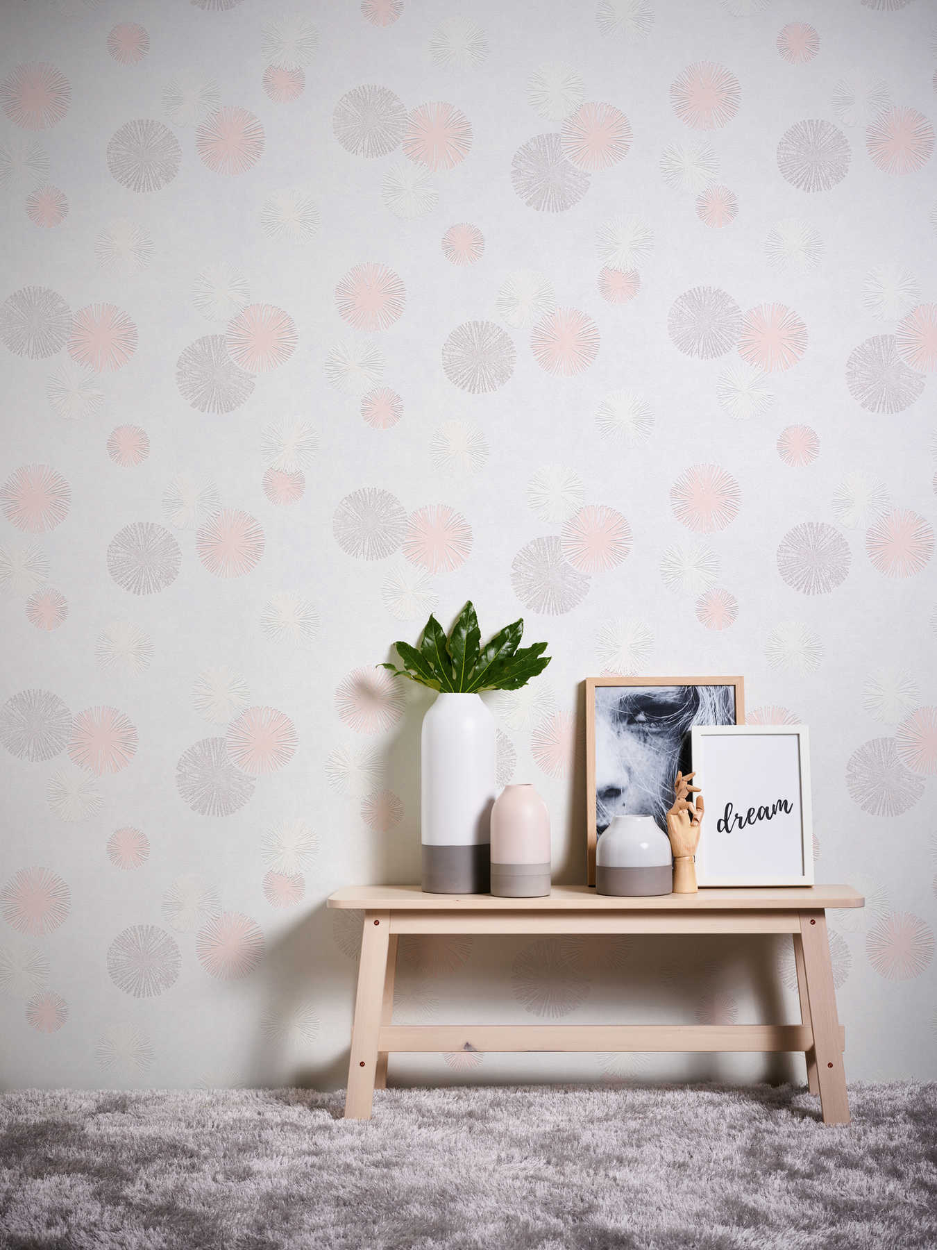             Textured wallpaper with graphic pattern - cream, metallic, pink
        