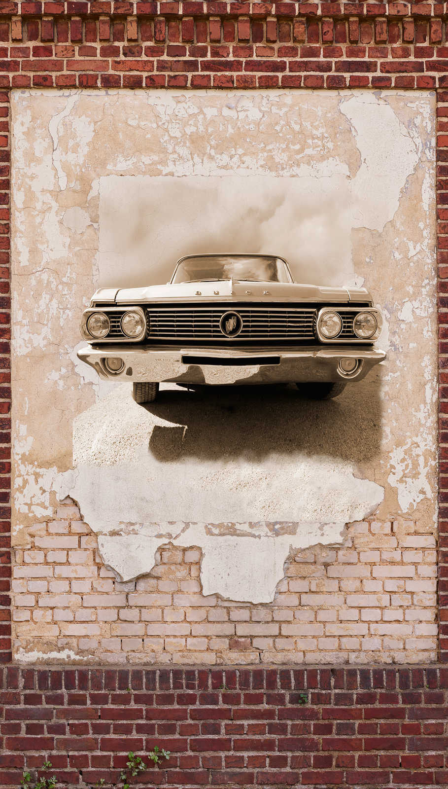             Stone-look wallpaper with car motif in vintage style - brown, beige, red
        