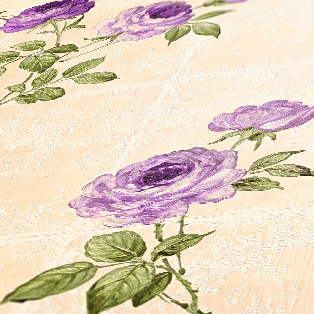             Papier peint Roses rinceaux & aspect carrelage - beige
        