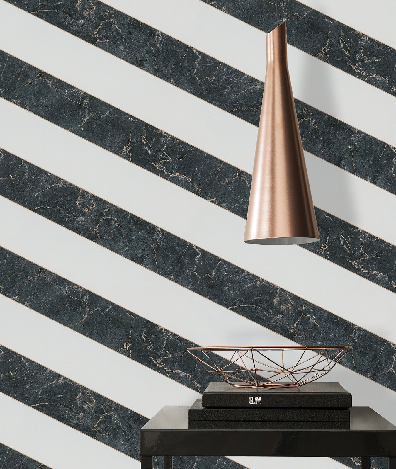Marble-look wallpaper striped black white