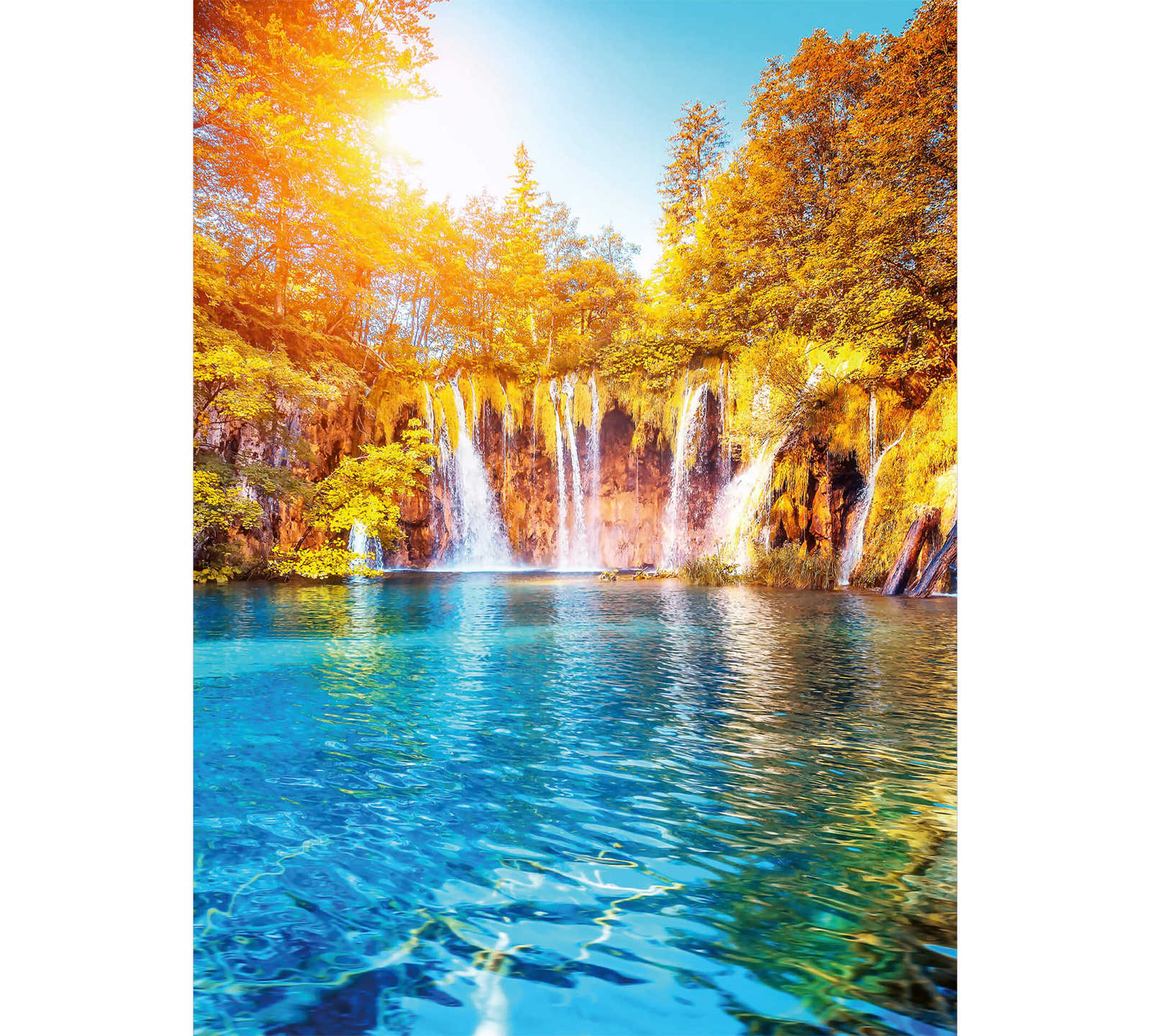         Waterfall mural with lake and forest landscape
    