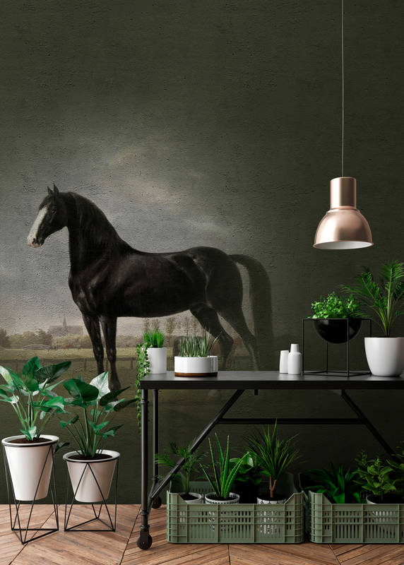             Horses mural classic painting style - black, white
        