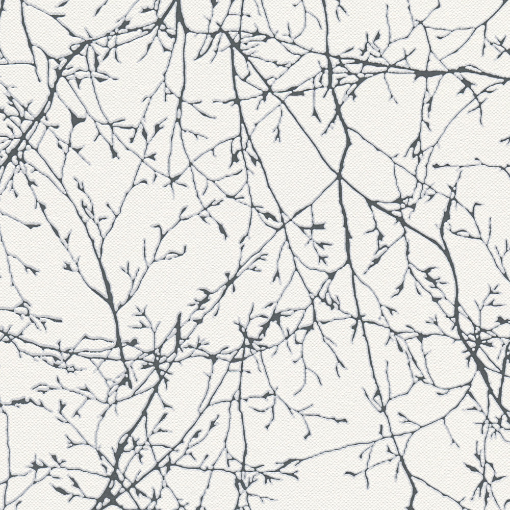             Non-woven wallpaper with linen look flowers and branches - black, white
        