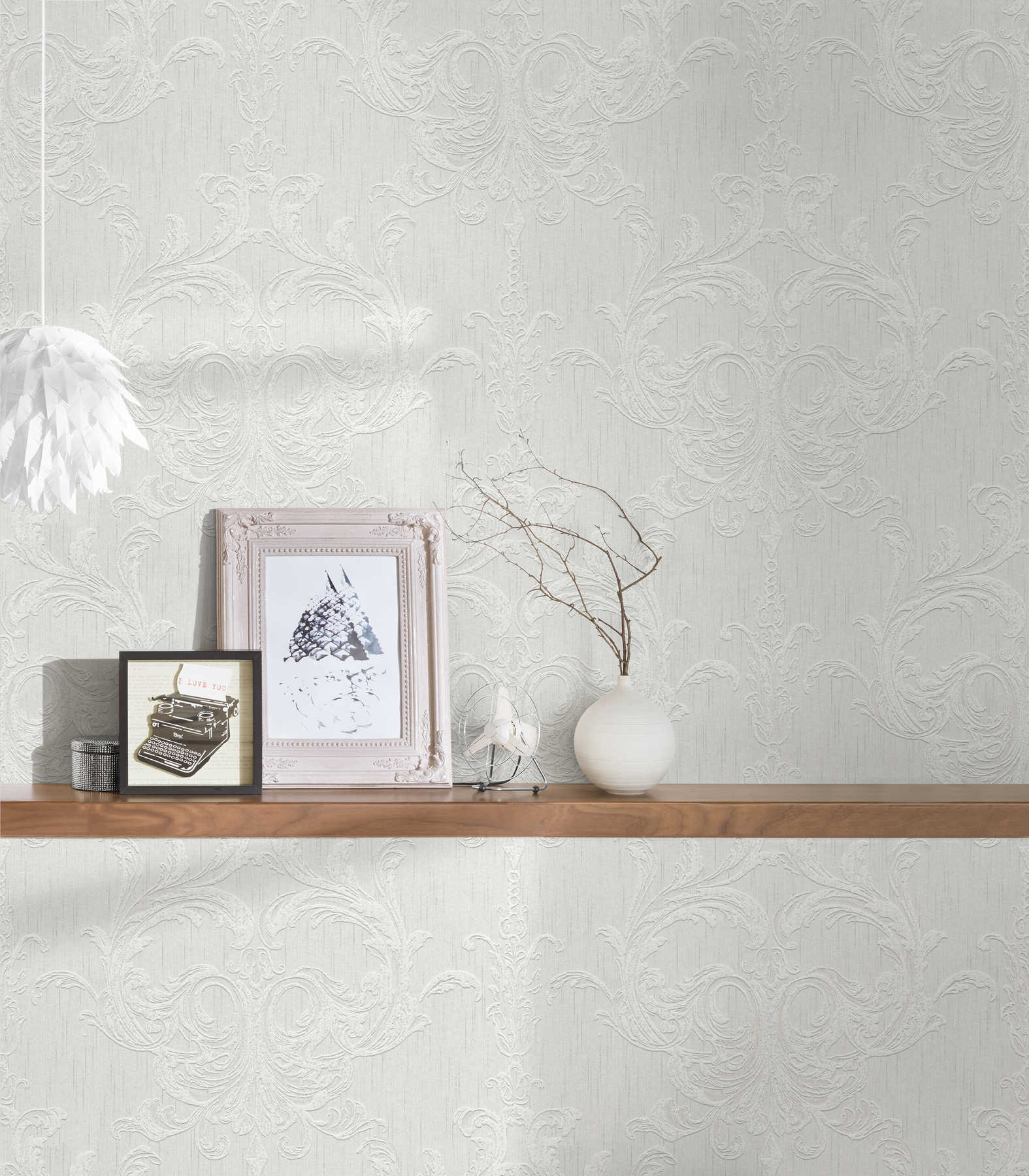             Ornamental wallpaper with stucco design & plaster look - grey, white
        