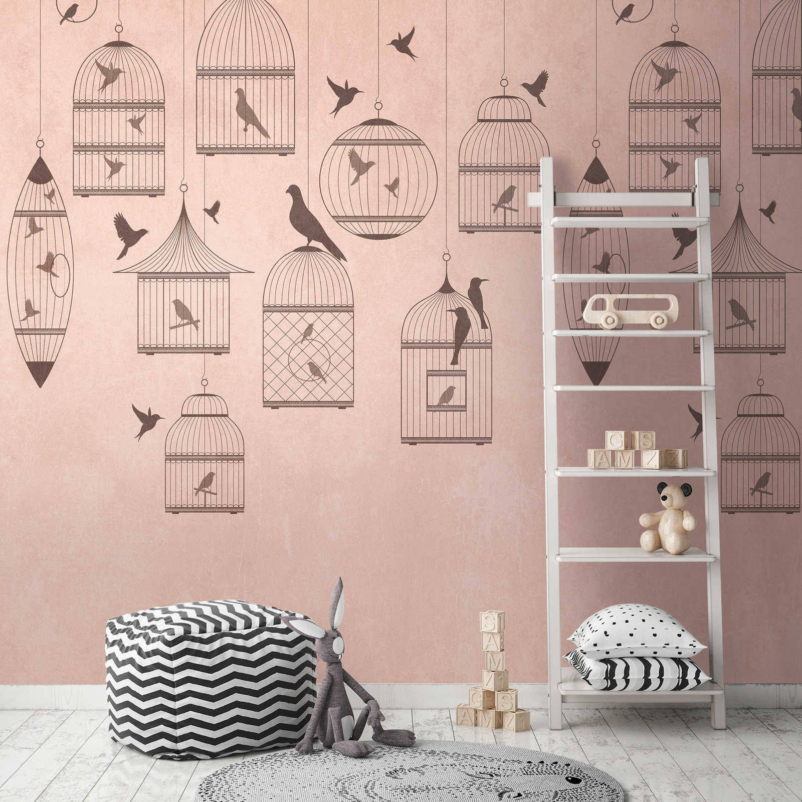 Behang nieuwigheid - roze motief behang zangvogel & vintage volière
