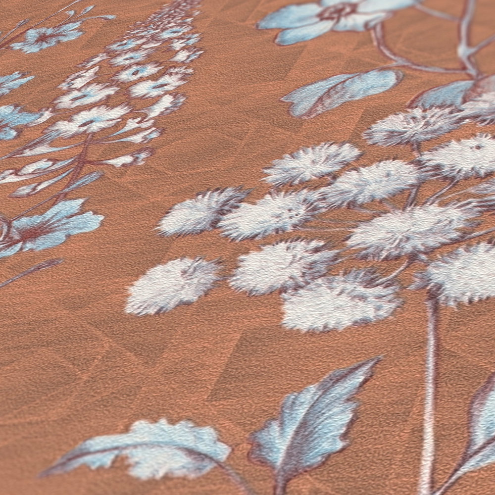             Papier peint fleuri vintage avec motif floral - orange, marron, bleu clair
        
