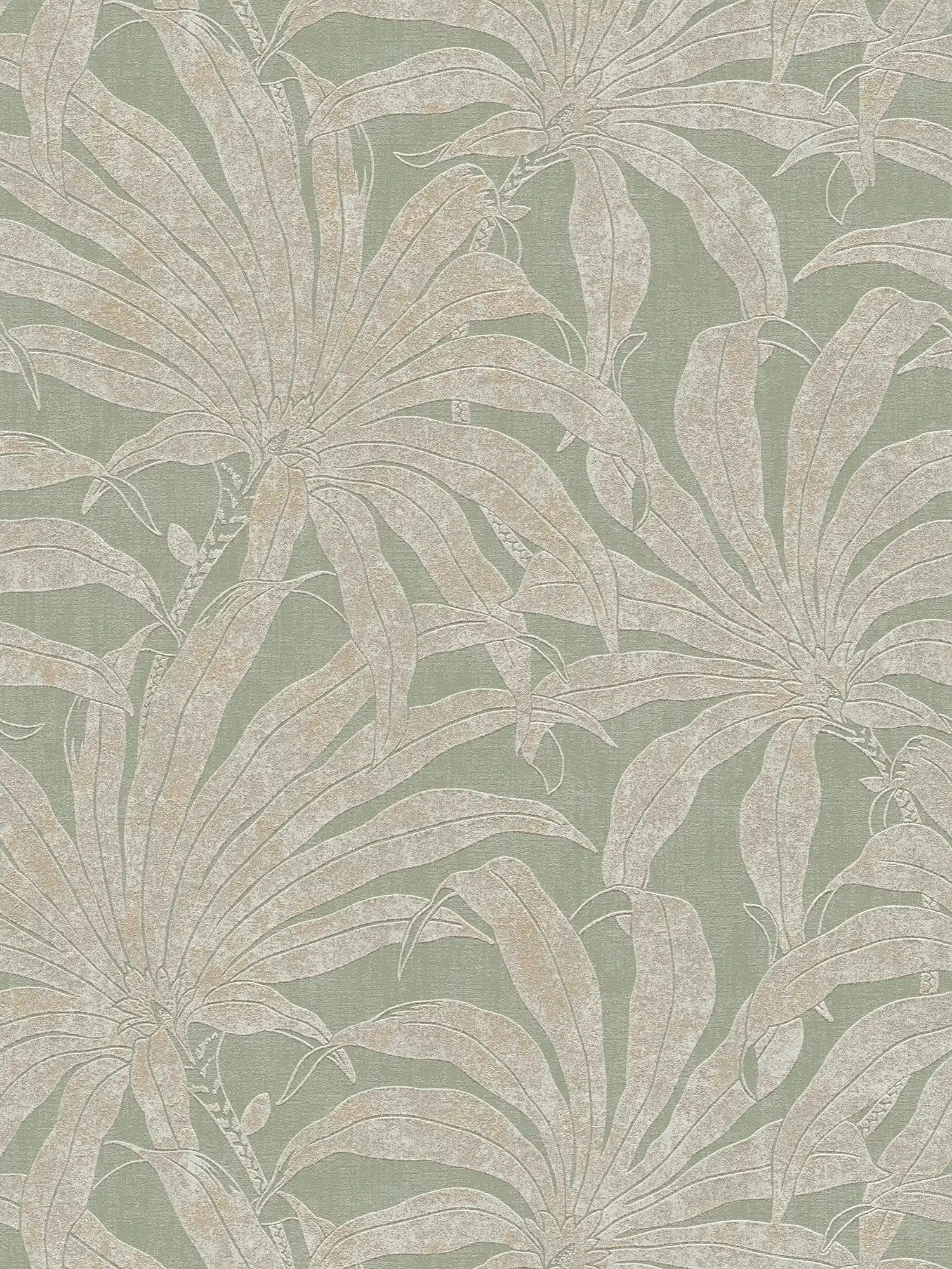 Floral detailed pattern wallpaper with jungle blossom - green, gold, silver
