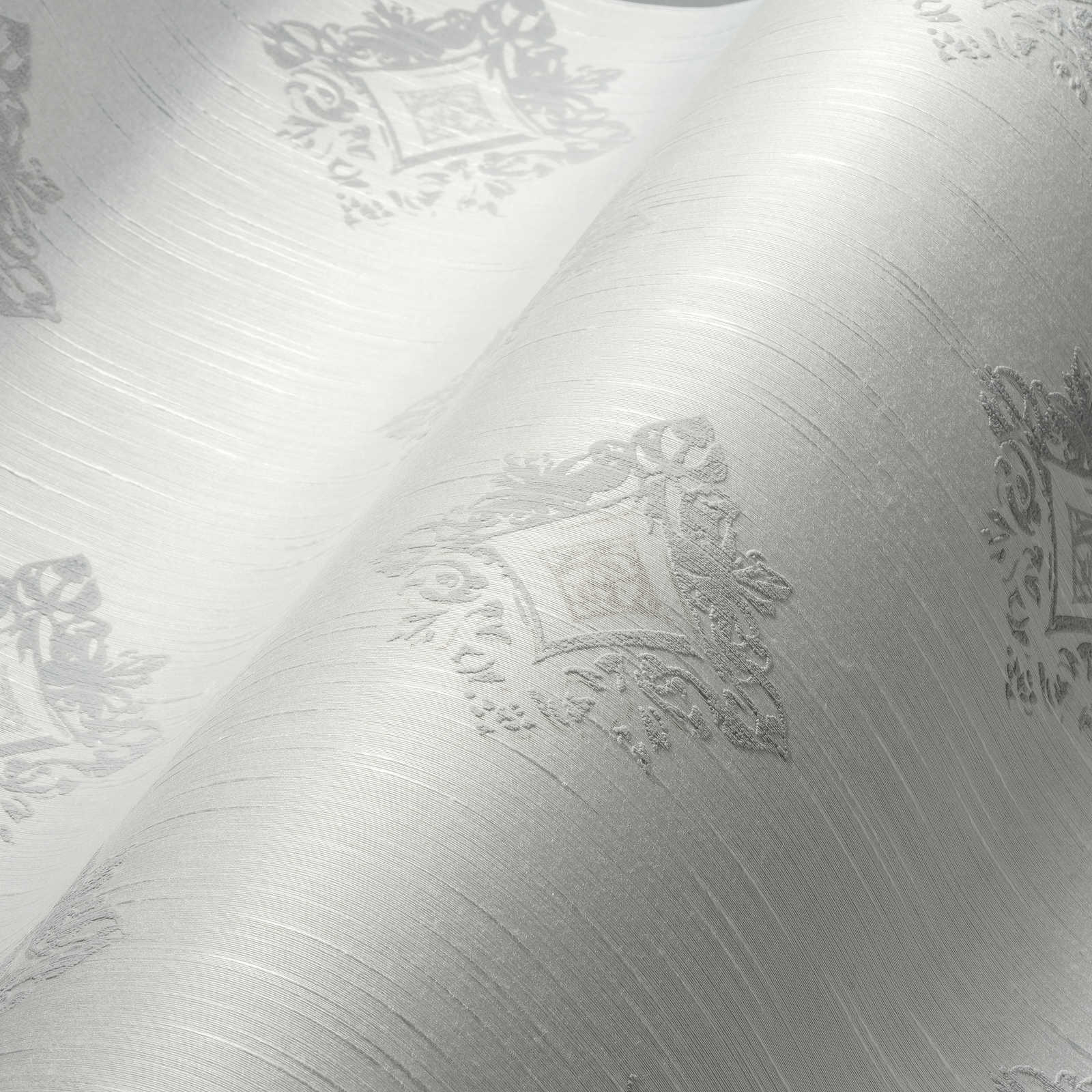             Non-woven wallpaper plaster look with stucco ornaments & diamonds pattern - grey, white
        