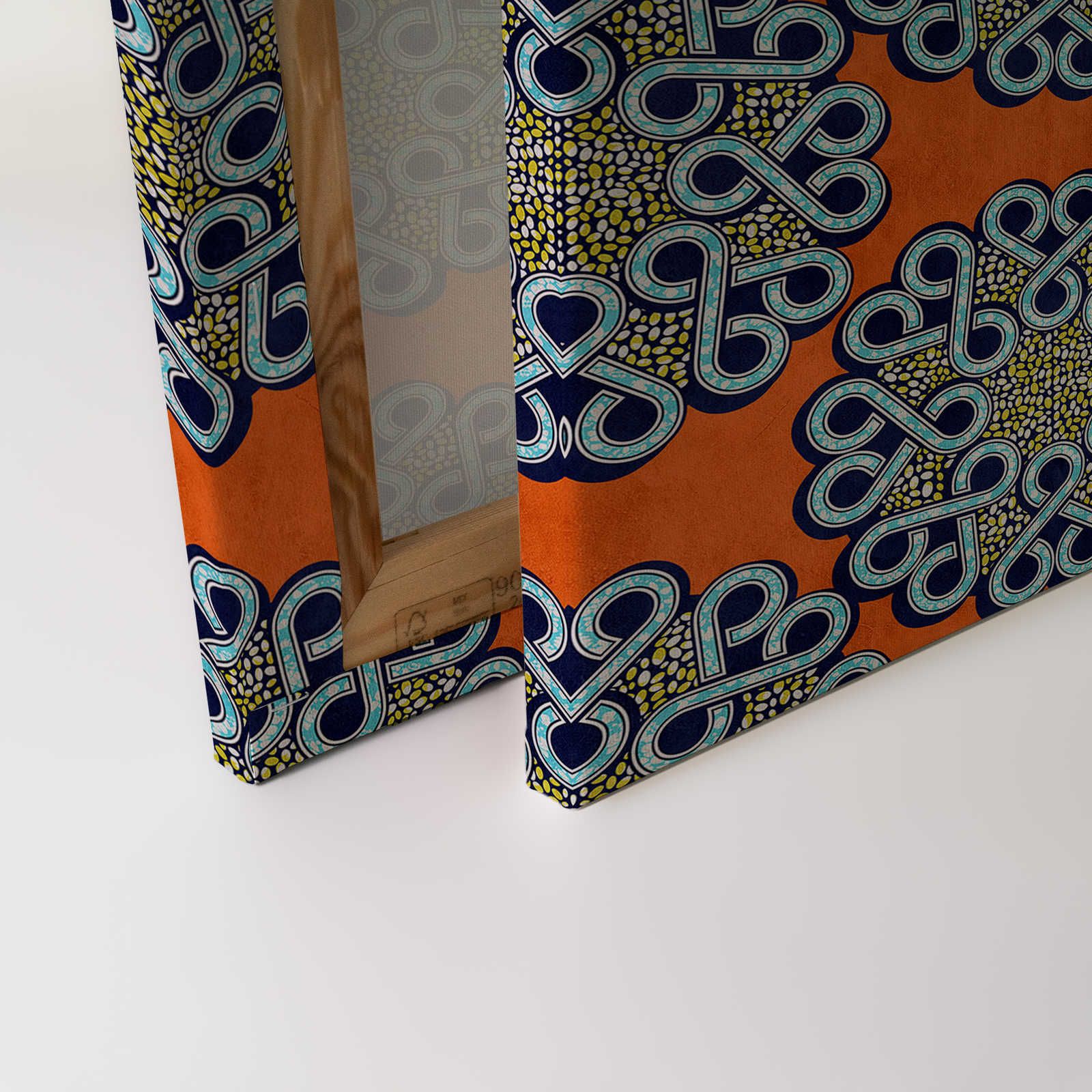             Dakar 2 - Toile africaine tissu de cire motif orange, bleu - 1,20 m x 0,80 m
        