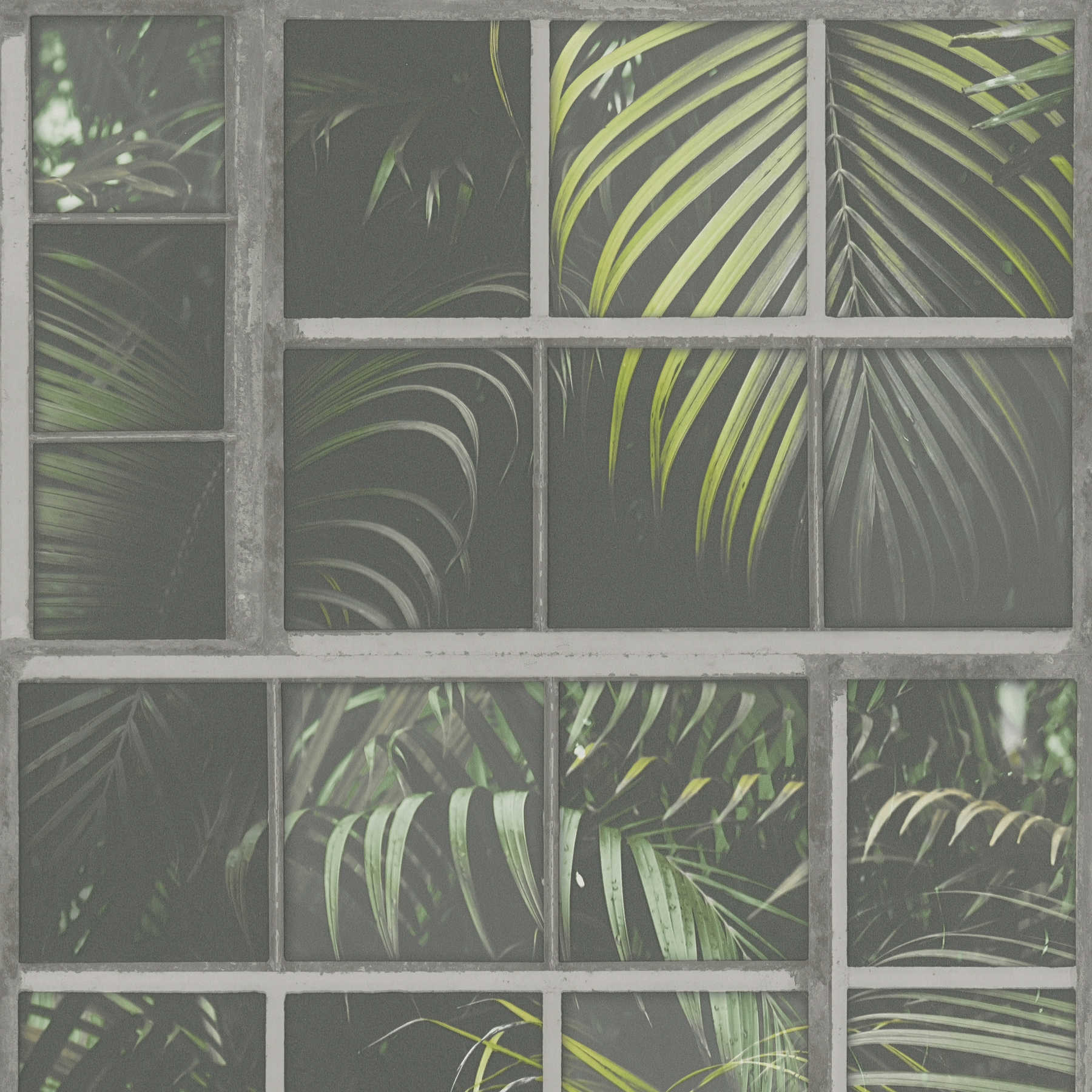 Papel pintado motivo de ventana, aspecto industrial y helechos - gris, verde, negro
