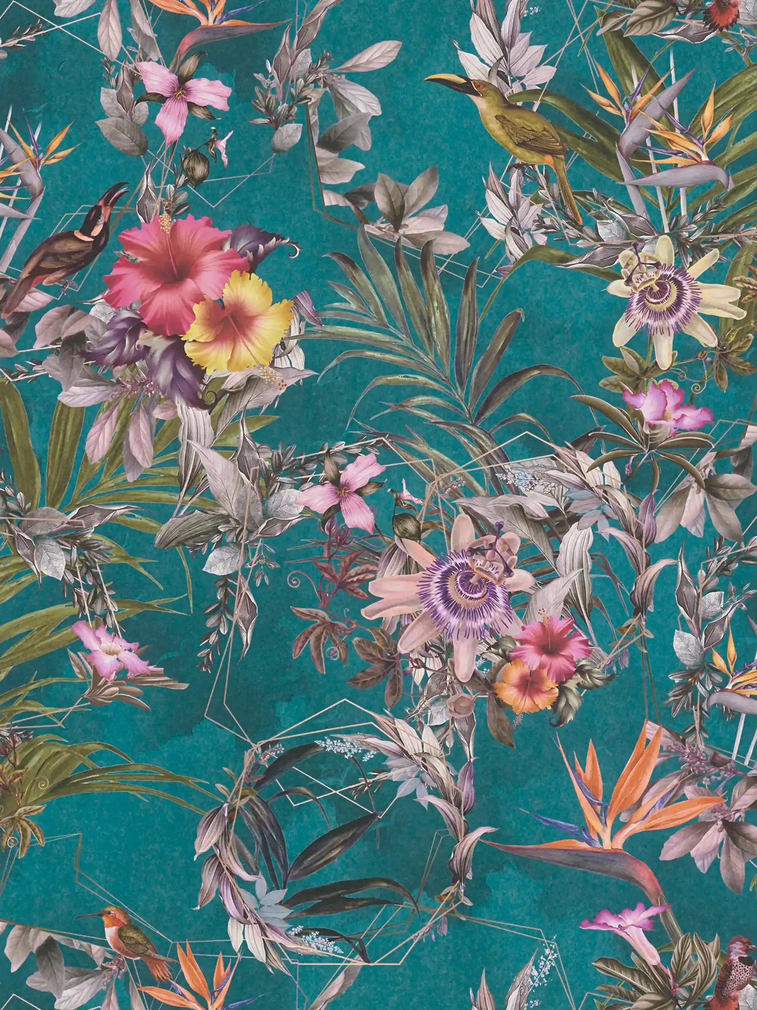 Papier peint jungle fleurs tropicales & oiseaux - turquoise, vert, multicolore
