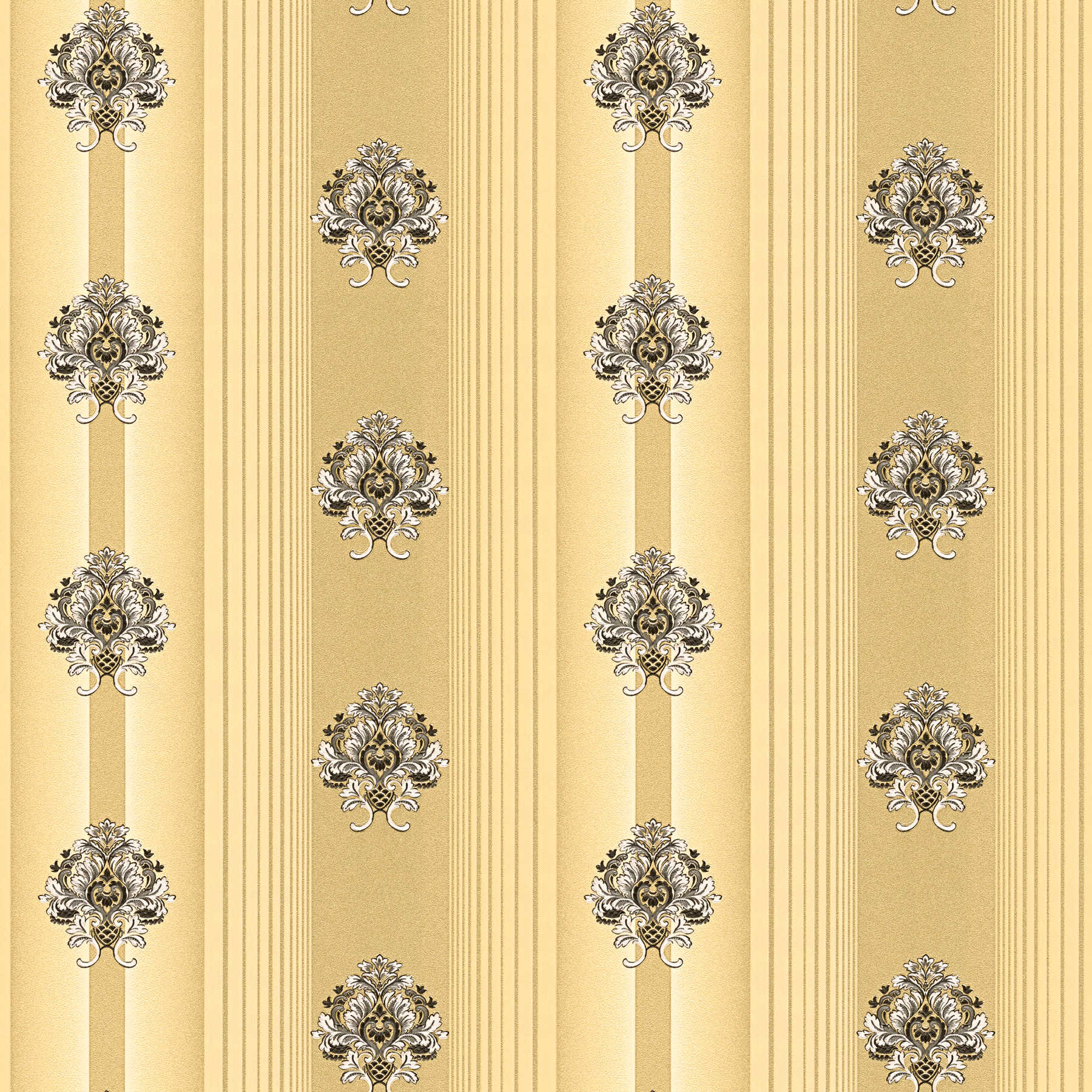 Classic wallpaper with ornament & stripe pattern - brown, metallic
