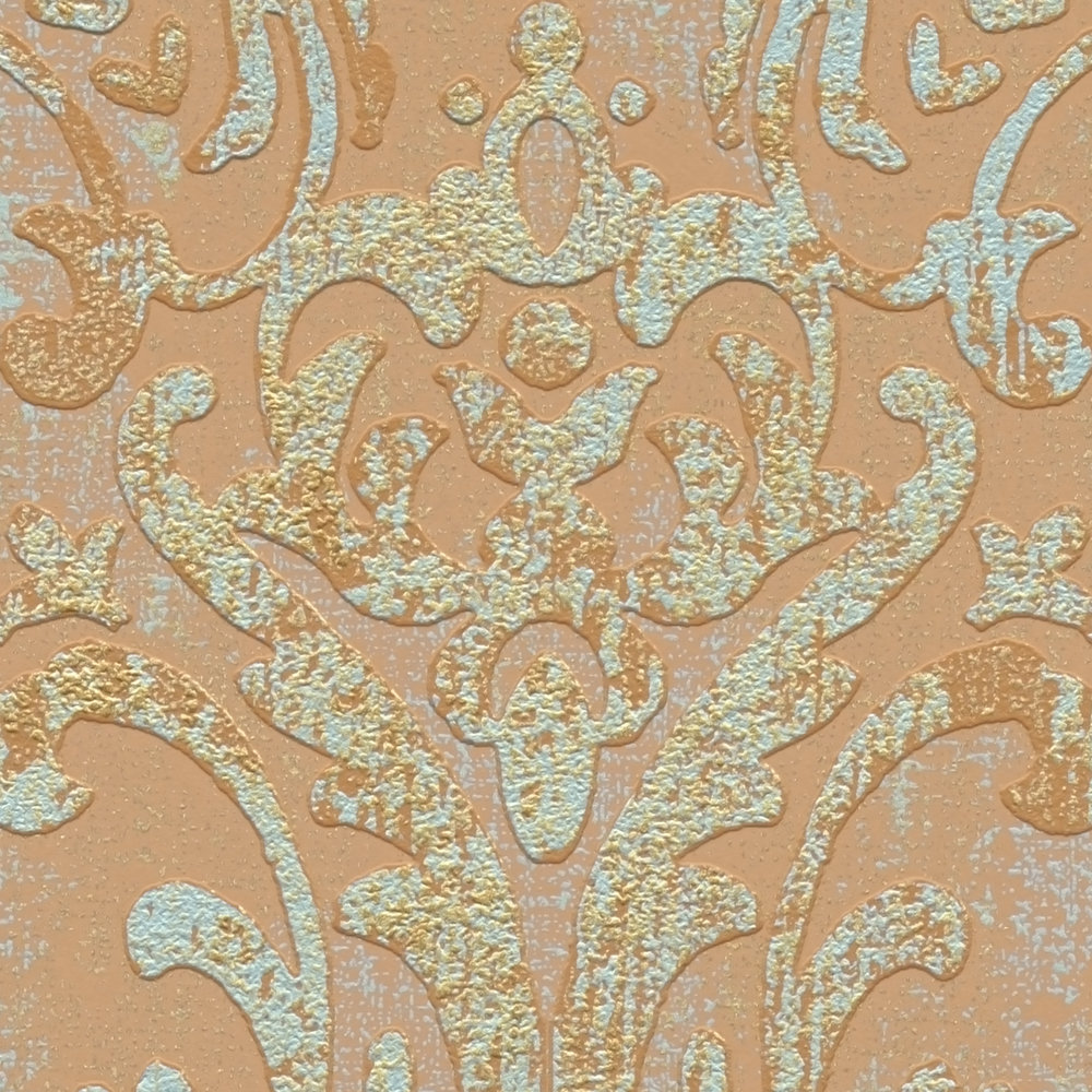            Metallic-look non-woven wallpaper with ornament - orange, pink, turquoise
        